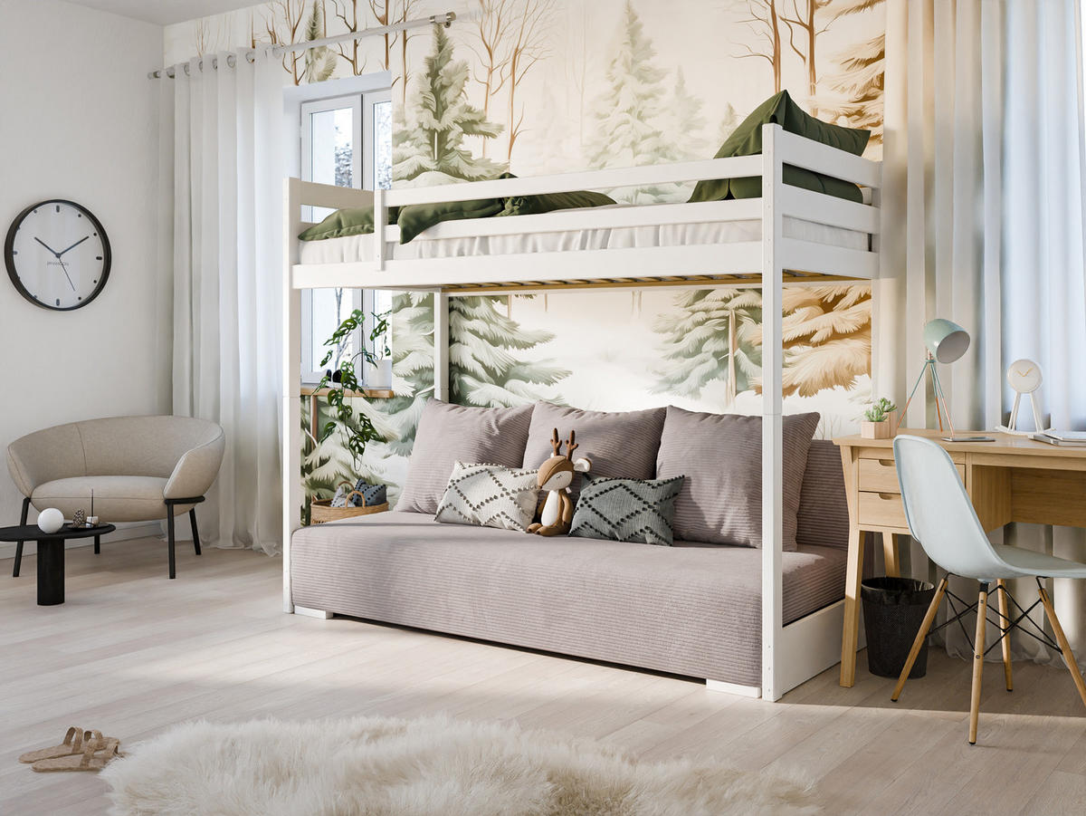 HOCHBETT mit Schlafsofa 200x140 cm in weiß und graufarben - Weiß/Grau, Holz (140/200cm) - Kids Collective