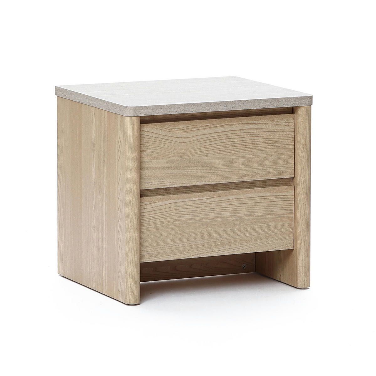 MODERNER Nachttisch mit Schnee-Eichenoptik, Schubladen & Kunst-Travertin-Platte | B53 x T45 x H50 cm - Braun, Holzwerkstoff (53/50/45cm) - Hometopia