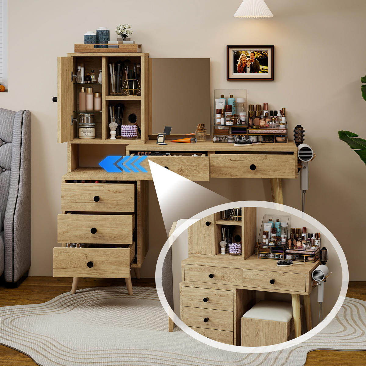 SCHMINKTISCH Set mit Spiegel und Hocker, Frisiertisch ausziehbar, Kosmetiktisch skandinavisch, 84x40x120 cm - Eichefarben/Beige, Glas/Holzwerkstoff (84/120/40cm) - LVHOM