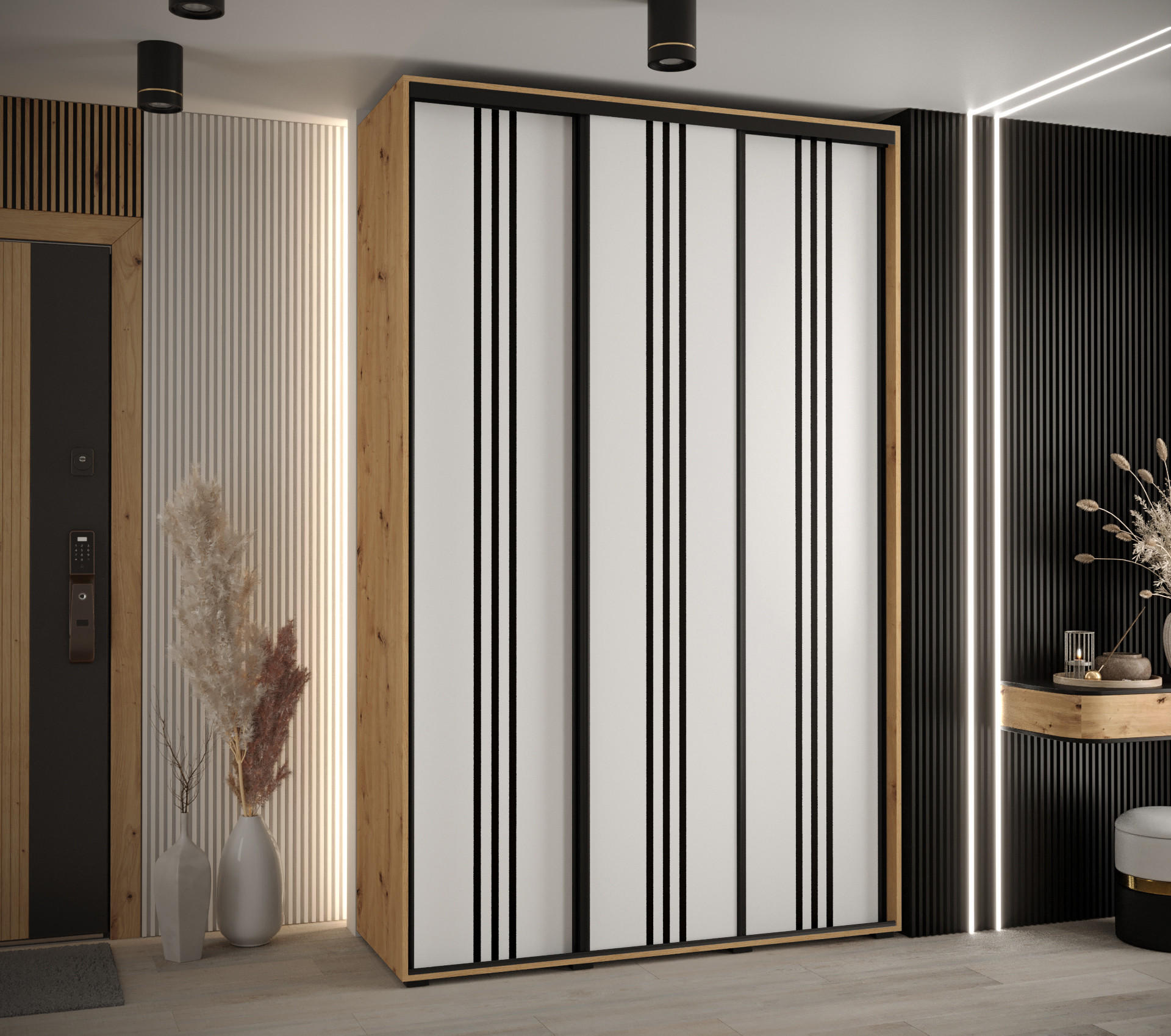 SCHWEBETÜRENSCHRANK 235,2/150/45 3-türig - Schwarz/Eiche Artisan, Holz/Metall (150/235/45cm) - Abiks Möbel