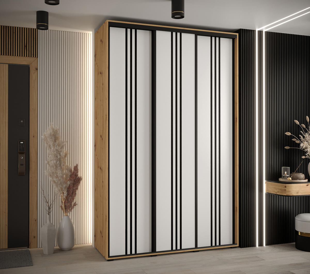 SCHWEBETÜRENSCHRANK 235,2/160/60 3-türig - Schwarz/Eiche Artisan, Holz/Metall (160/235/60cm) - Abiks Möbel