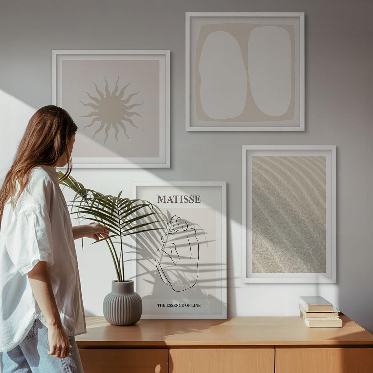 BILDER SET 4er Set - 50x50 cm & 40x60 cm Weißer Rahmen - Minimalistische Sandwellen - Weiß, Kunststoff (50/50cm) - TULUP