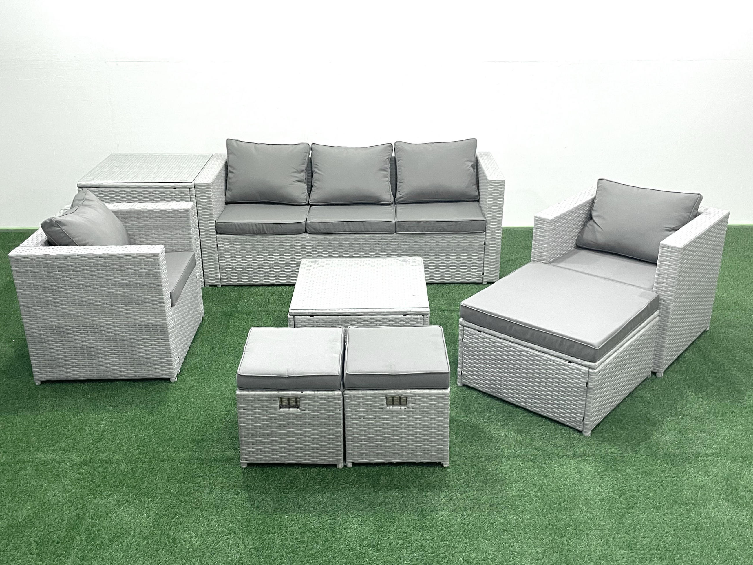 GARTENMÖBEL-SET mit Kissen Polyrattan Hellgrau-Mix 8-Sitzer - Hellgrau/Grau, Glas/Kunststoff - Fimous