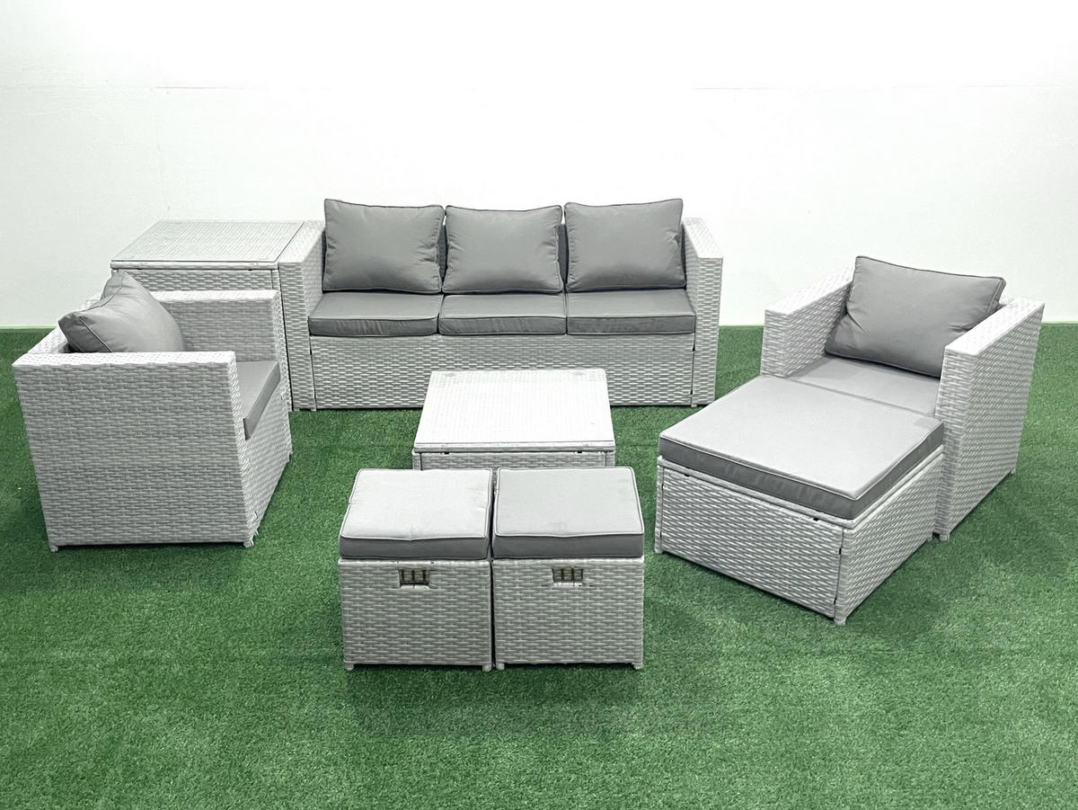 GARTENMÖBEL-SET mit Kissen Polyrattan Hellgrau-Mix 8-Sitzer - Hellgrau/Grau, Glas/Kunststoff - Fimous