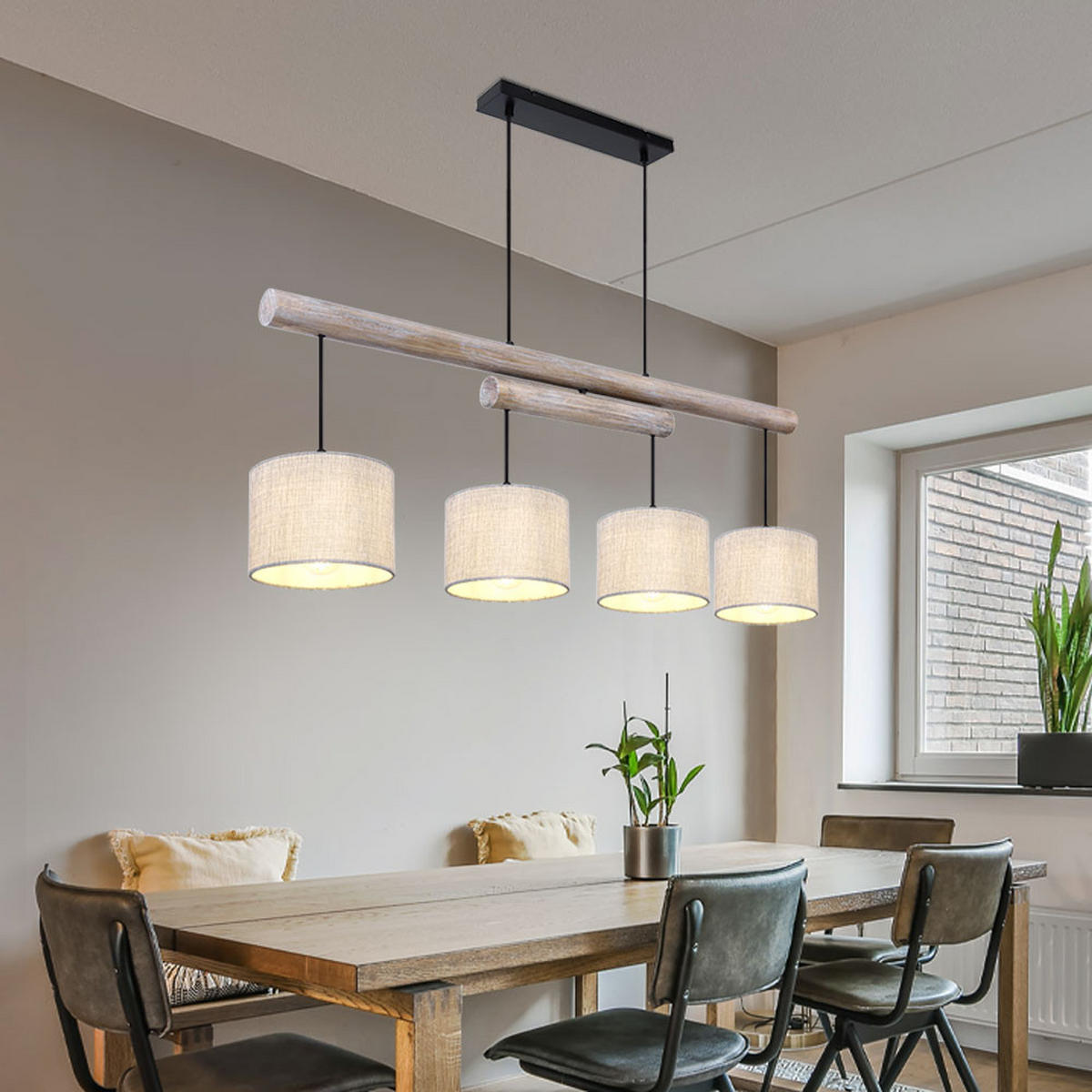 HÄNGELEUCHTE Holzoptik Beige Schwarz - Beige, Holz (113/18/120cm) - Globo Lighting
