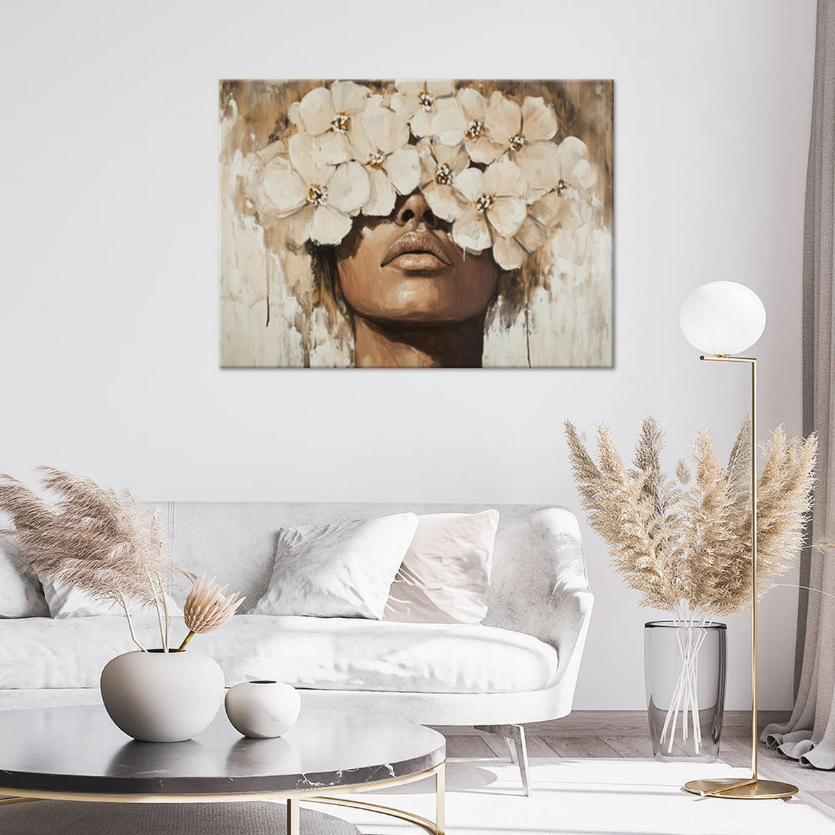 LEINWANDBILD Frau Blumen Golden Beige - Beige, Textil (120/80cm) - Feeby