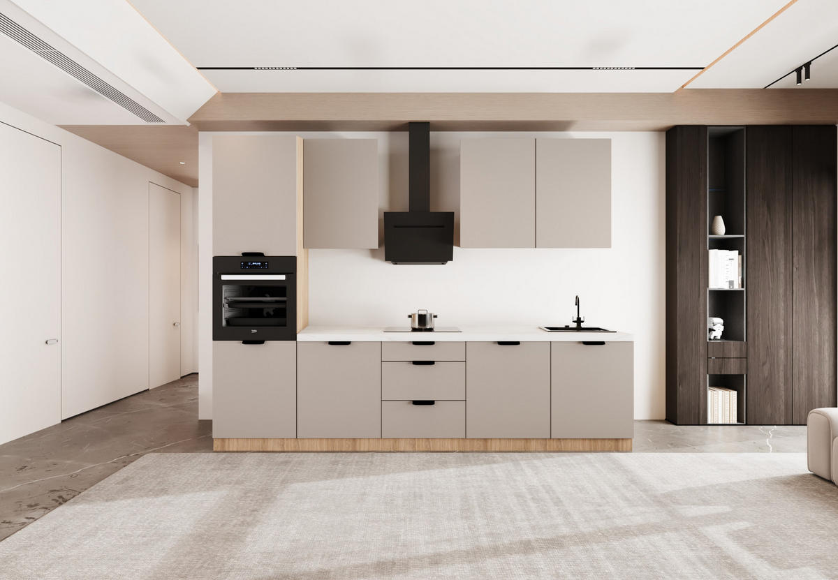 KÜCHENZEILE 300 cm - Sorento KS1-M300 - in Beige/ Sonoma Eiche - Beige/Schwarz, Holz (300/247/58cm)