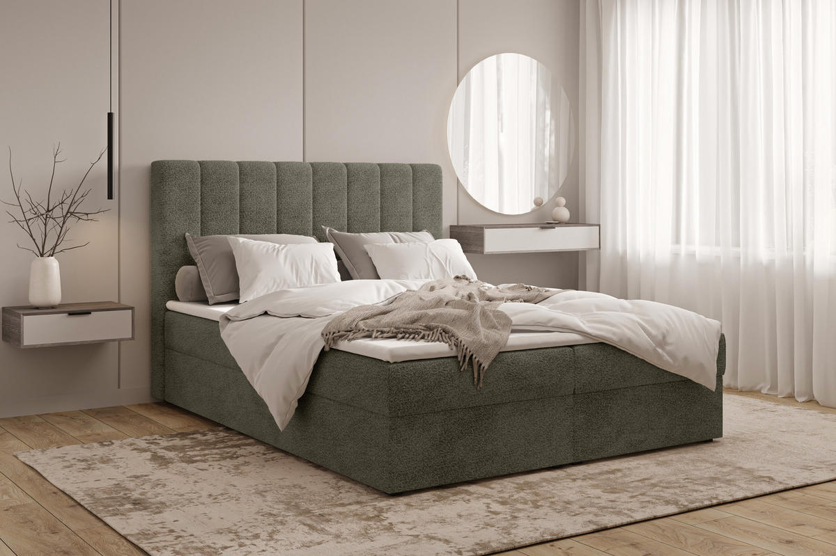 BOXBETT 01 140 x 200 cm - Arena – Stilvoll und bequem Mit Bettkasten, PU-Topper, Federmechanismus, waschbarer Bezug - Olivgrün, Holz (140/200cm) - ROYAL24_MARKT