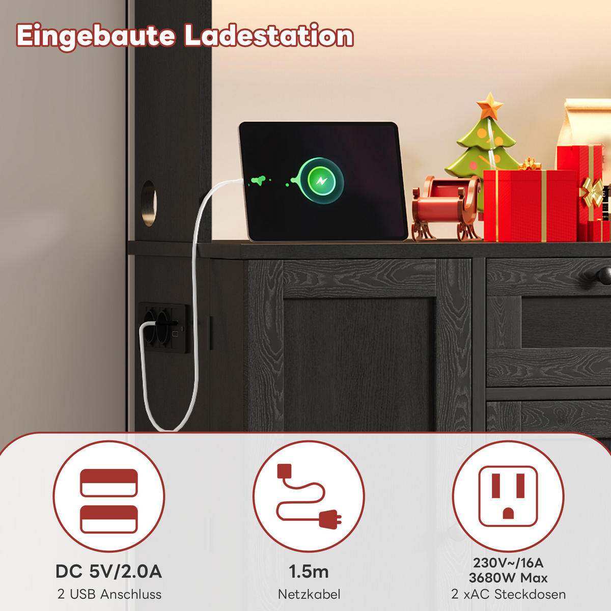 BUFFET 105/40/180 cm Schwarz mit farbwechselnder LED-Beleuchtung und 1 Schublade - Schwarz, Holz (105/180/40cm) - Oxeza