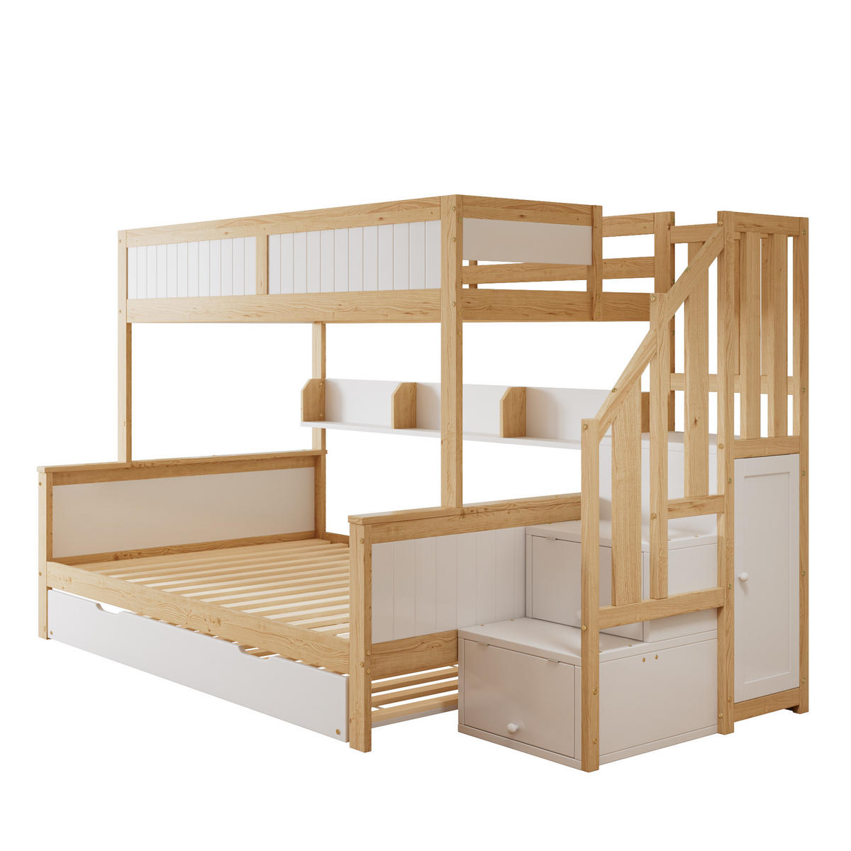 ETAGENBETT Etagenbett mit Rollbett Weiß/Natur - Naturfarben, Holz (90/200cm) - ComfortXL