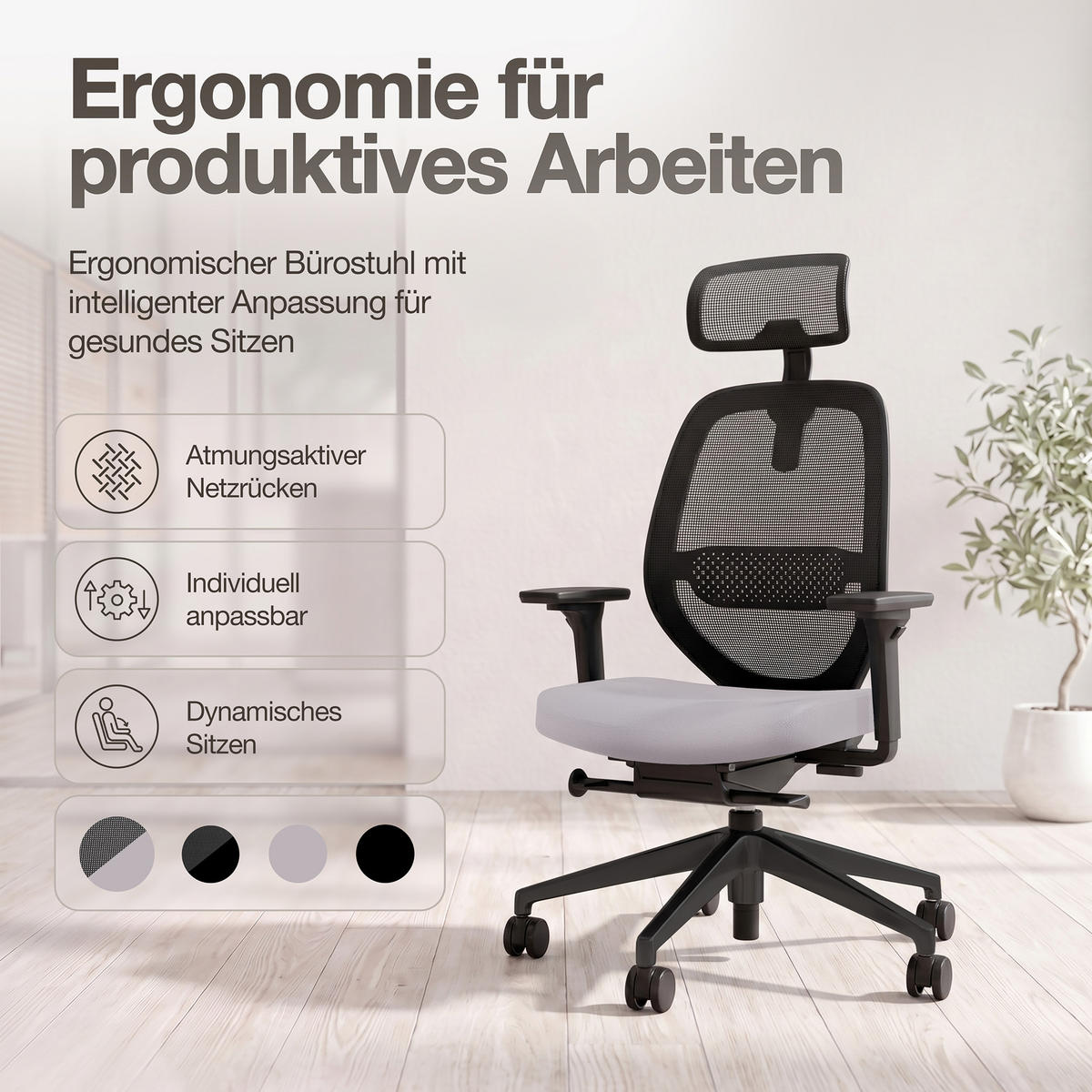 DREHSTUHL Ergonomischer Bürostuhl Atessa mit Netzrücken und Kopfstütze / Mit Kopfstütze Hellgrau Netzrücken für Luftzirkulation - Hellgrau, Textil (62.5/120.5/45cm) - ASSMANN