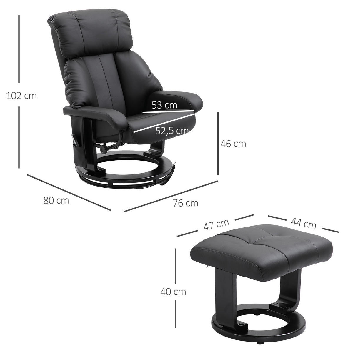 RELAXSESSEL mit Liegefunktion Massagesessel inkl. Hocker Fernsehsessel drehbar - Schwarz, Leder/Kunststoff (80/102/76cm) - HOMCOM