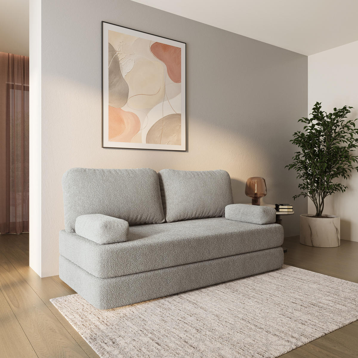 BETTSOFA NIKSI aus Schaumstoff Bucle-Stoff Hellgrau Schlaffunktion - Hellgrau, Textil (170/86/80cm) - MASSENO