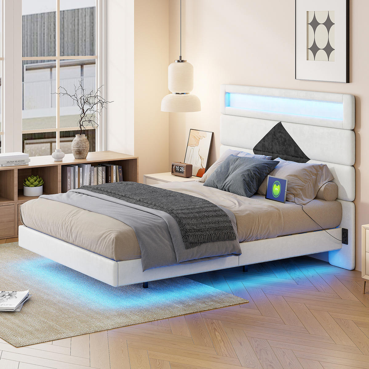 POLSTERBETT 140/190 cm beige Samt mit LED USB Kopfteil - Beige, Holz