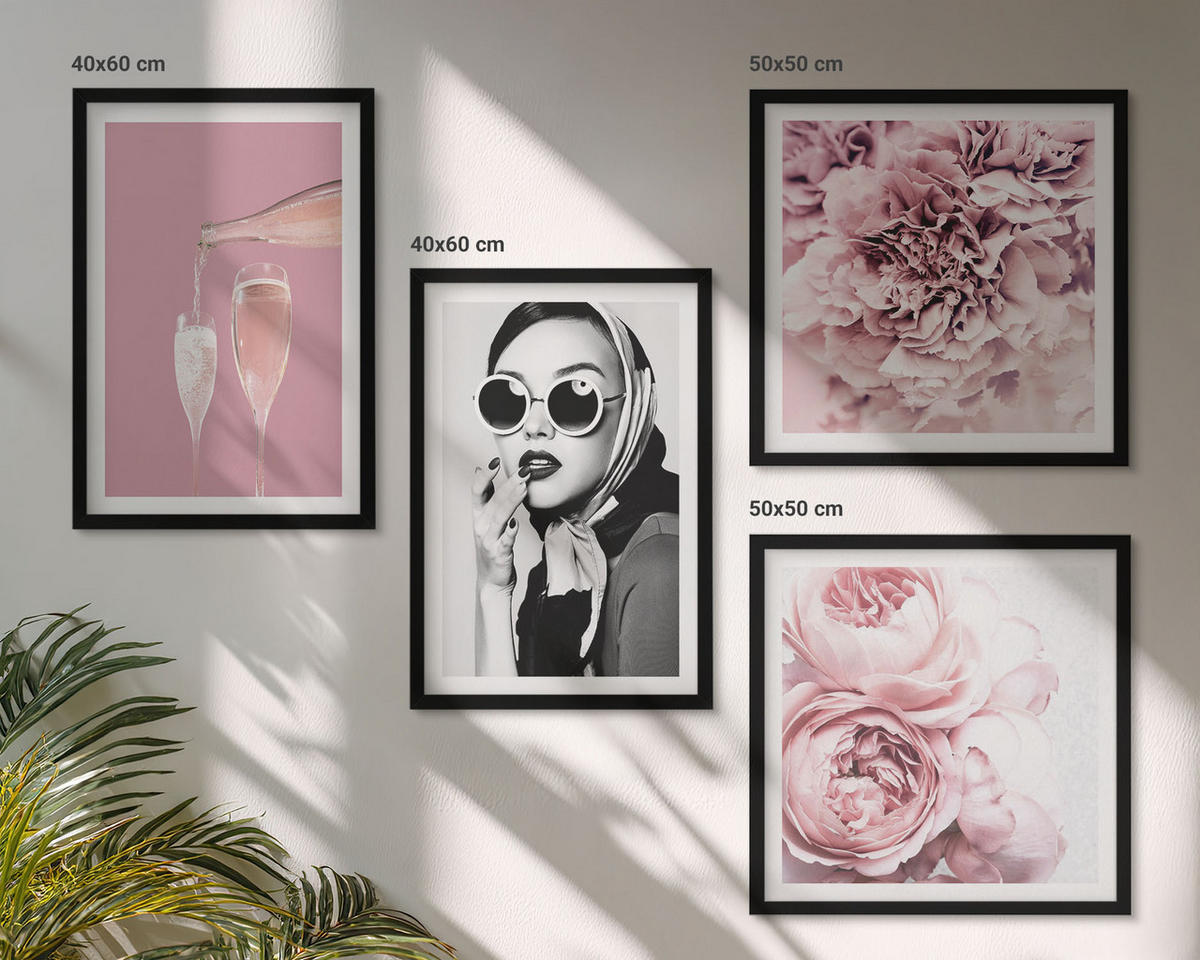 BILDER SET 4er Set - 50x50 cm & 40x60 cm Schwarzer Rahmen - Blumen, Pfingstrosen, Rosen, Eleganz - Schwarz, Kunststoff (50/50cm) - TULUP