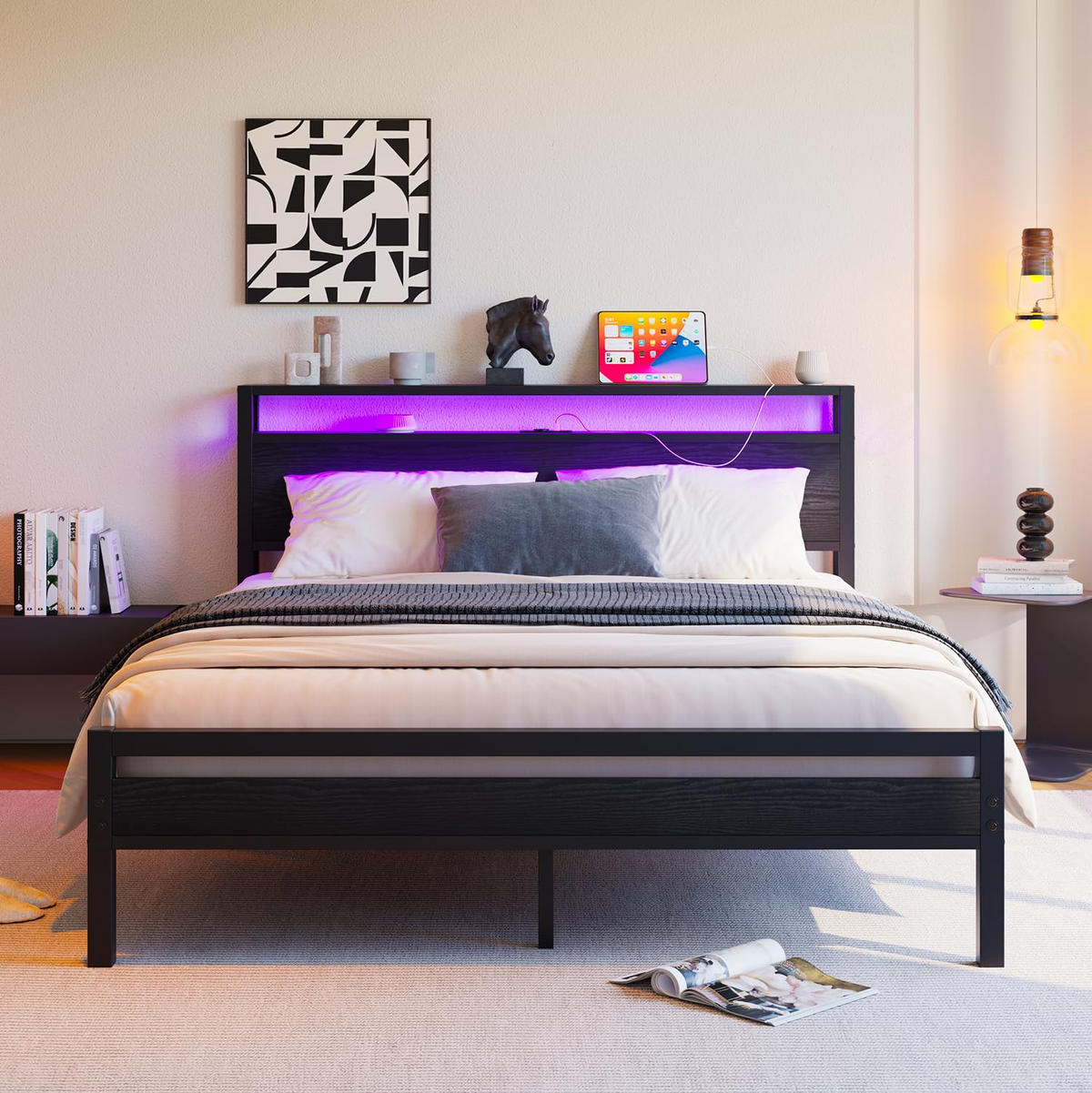 BETT 140/190 cm DE-33031 mit USB und LED-Beleuchtung Schwarz - Schwarz, Metall (140/190cm) - ComfortXL