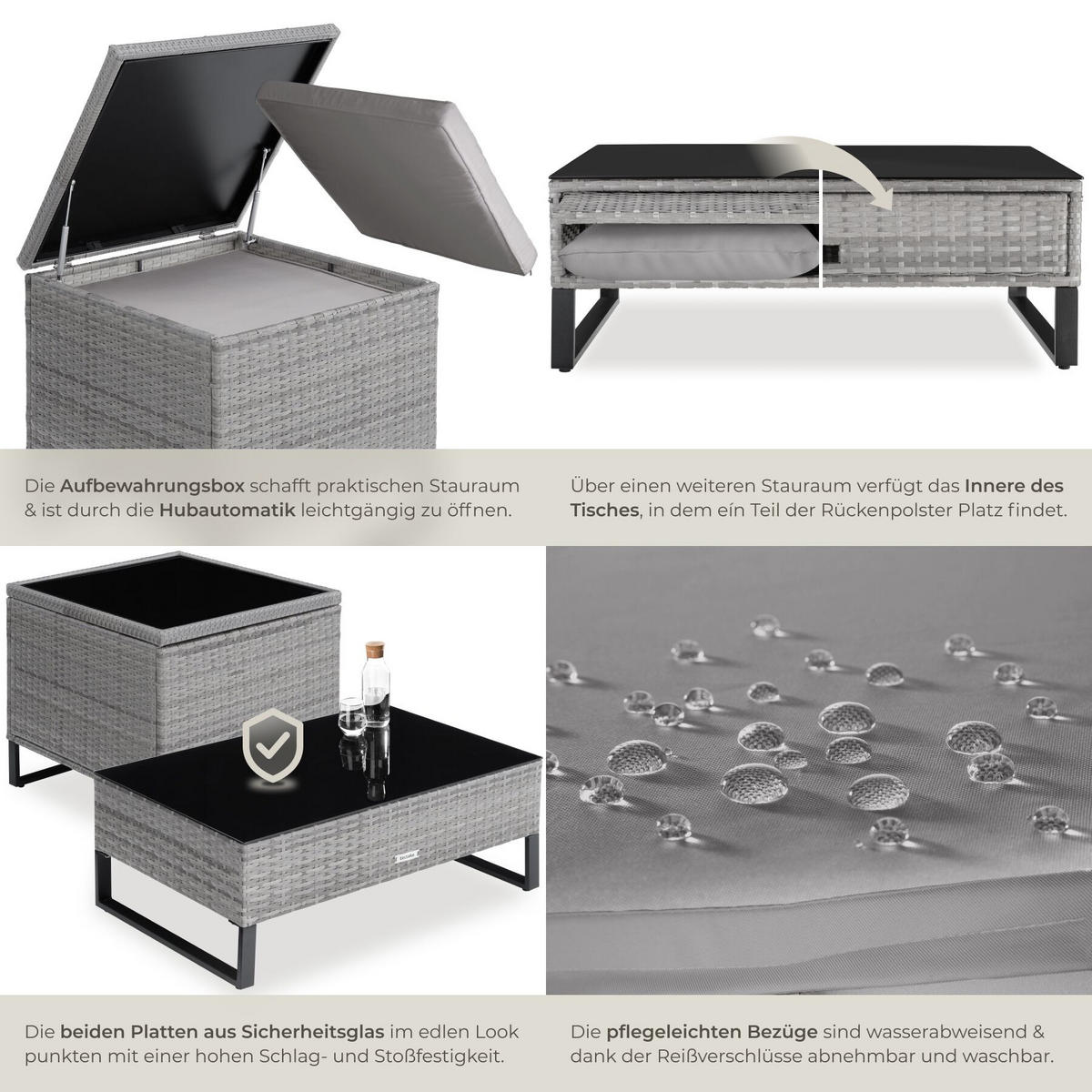 RATTANLOUNGE Ostuni, mit Sicherheitsglasplatte, grau-meliert/grau - Grau, Kunststoff - tectake