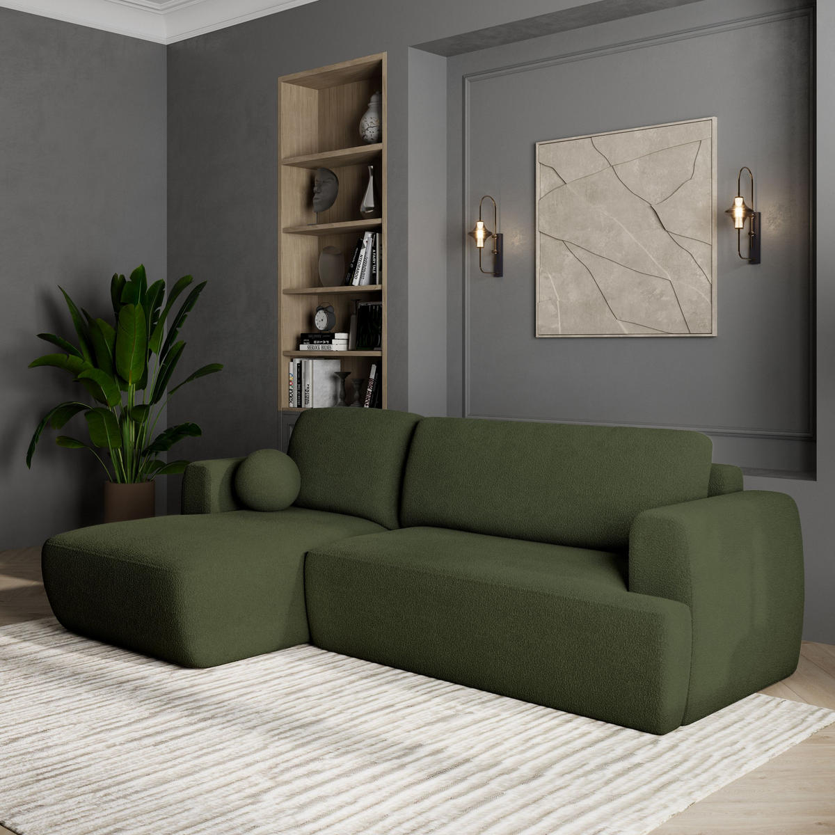 ECKSOFA SENTI N L-S Grün Boucle-Stoff mit Schlaffunktion - Grün, Holz (246/148cm) - MASSENO