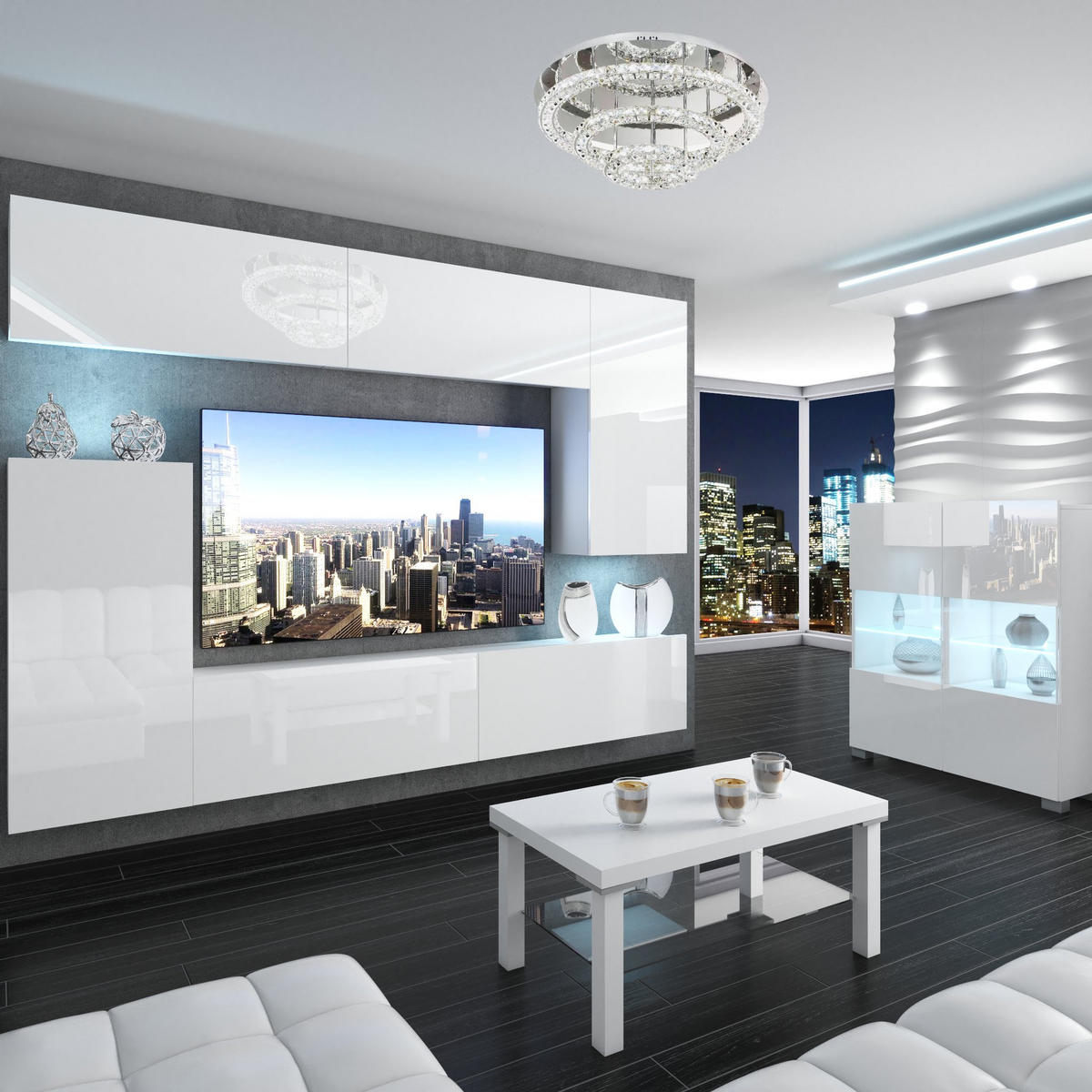 WOHNZIMMERWAND mit LED TV-Schrank Weiß - Weiß, Holz (300/180/36cm) - B BELINI GROUP