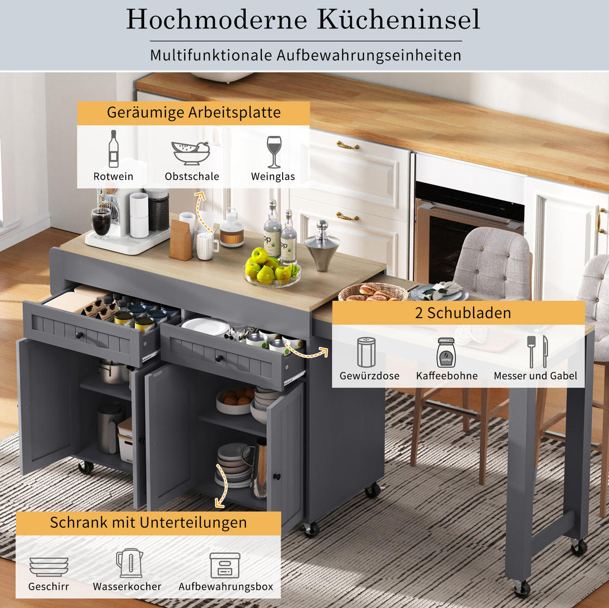 KÜCHENINSEL 112-180,5/45/92,2 cm aus MDF mit ausziehbarer Arbeitsplatte Grau/Natur - Grau, Holzwerkstoff (180.5/92.2/45cm) - Modenvie