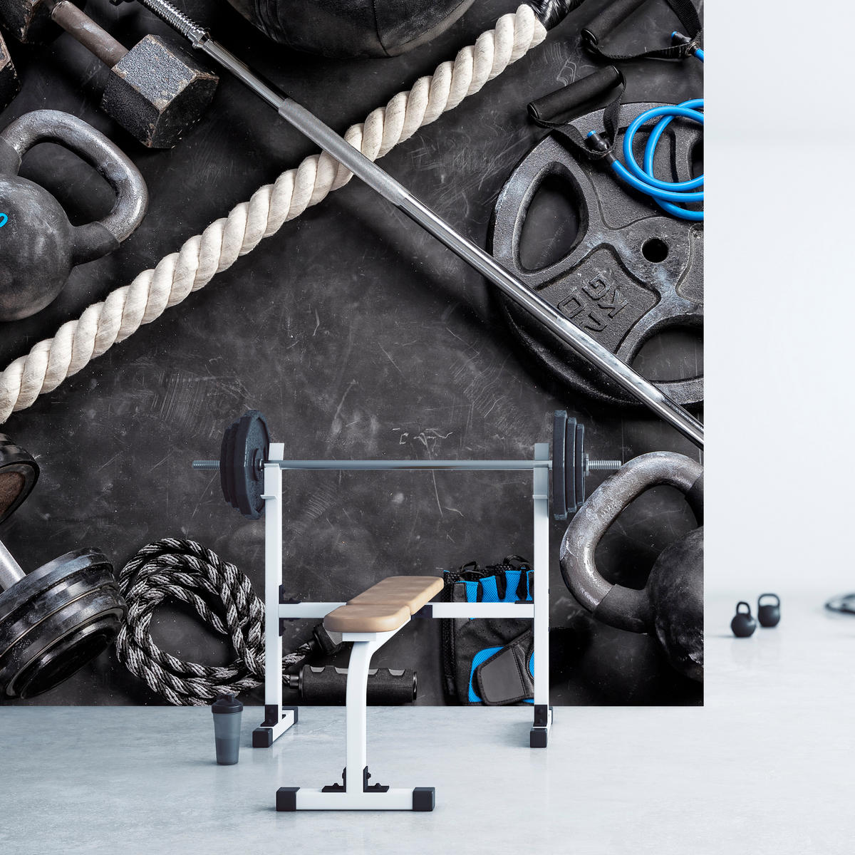 FOTOTAPETE für Fitnessstudio Sportgeräte zum Trainieren Kettlebells Hanteln 400x280 - Blau/Creme, Papier (400/280cm) - Muralo