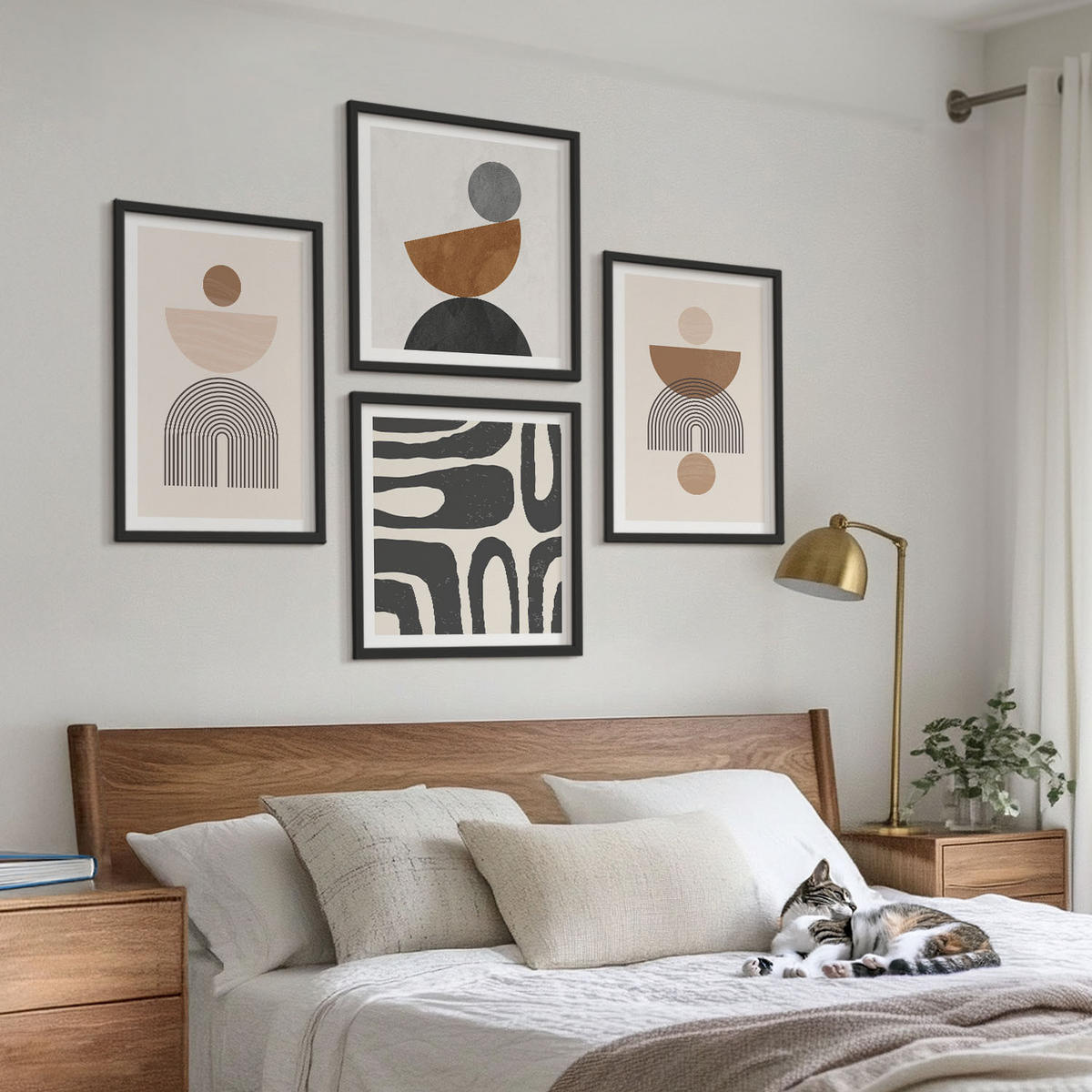 WANDBILDER 4er-Set - 50x50 cm & 40x60 cm Schwarzer Rahmen - Abstraktes Boho-Design - Schwarz, Kunststoff (50/50cm) - ArtPrintCave