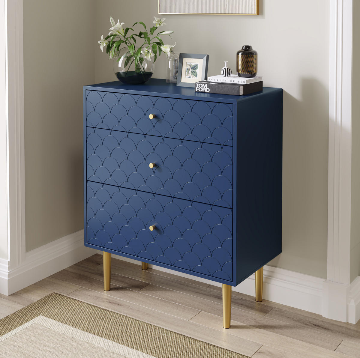 KOMMODE aus Spanplatte und Metall 75x40x89 cm Marineblau mit 3 Schubladen - Dunkelblau, Holzwerkstoff (75/89/40cm) - IVMEU