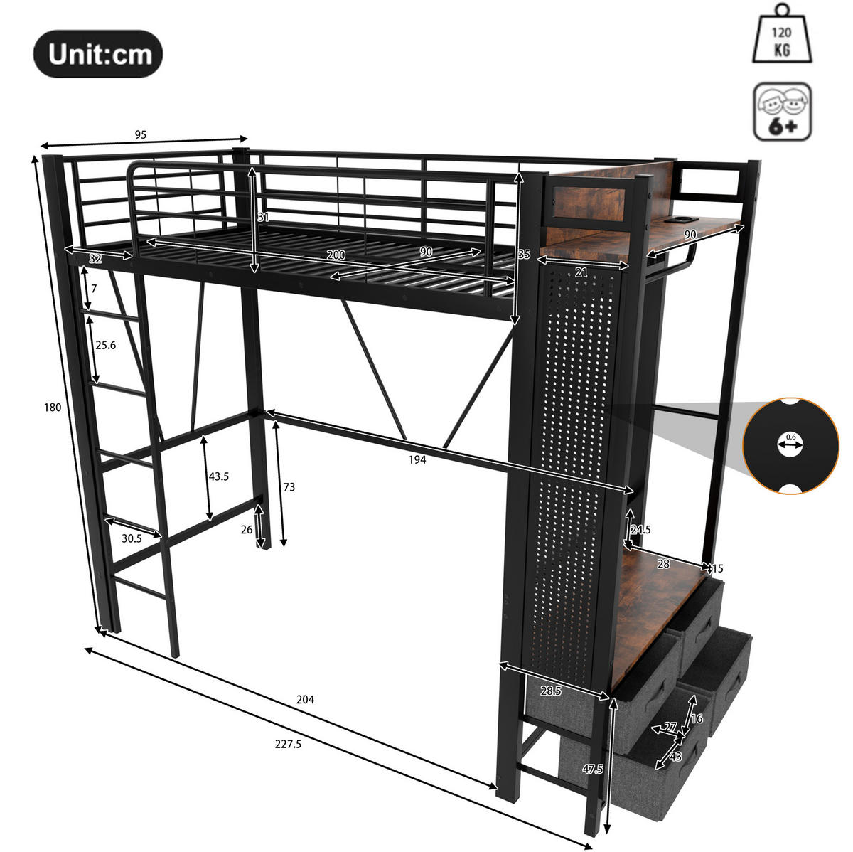 HOCHBETT 90/200 cm aus Metall mit LED-Leiste, USB-Typ-C und 4 Schubladen Schwarz - Schwarz, Metall (90/200cm) - Modenvie