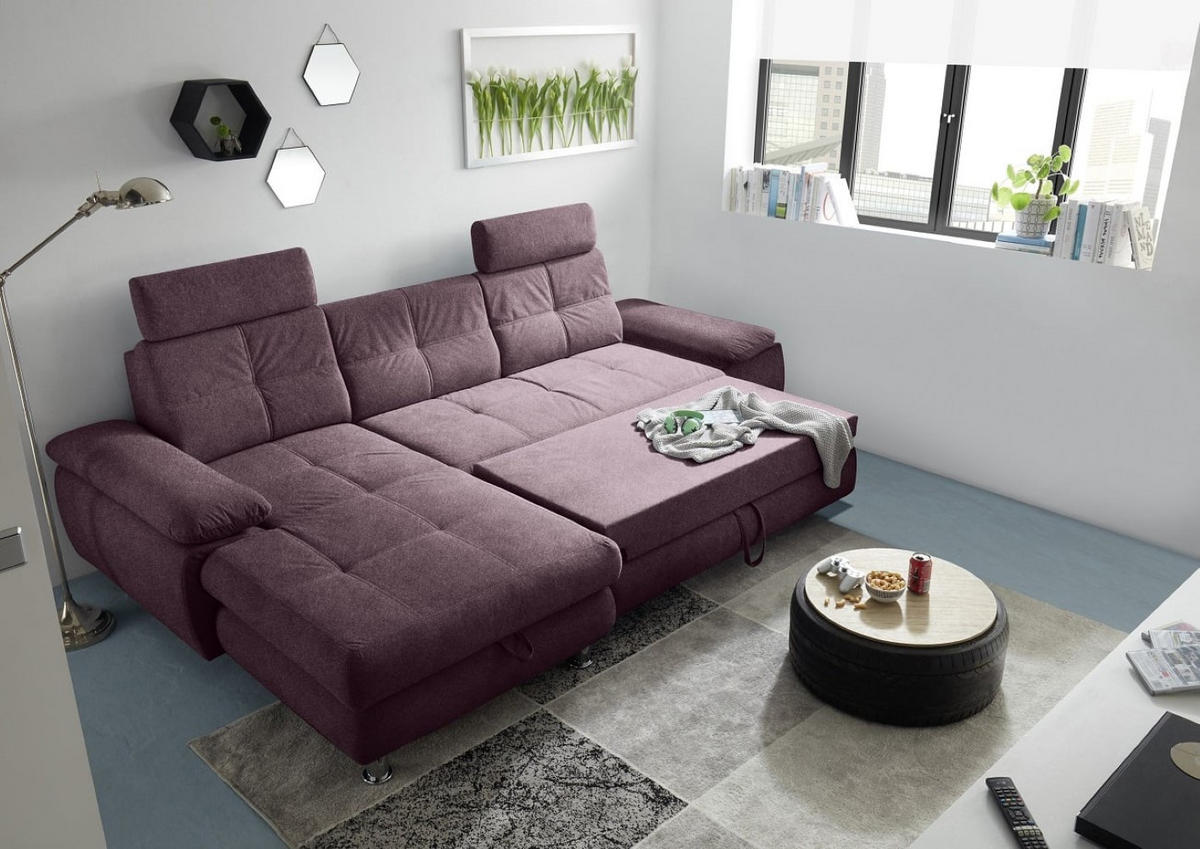 ECKSOFA mit Schlaffunktion und Bettkasten, Brego-Stoff - Chromfarben/Rot, Textil/Metall (274/177cm) - ed exciting design