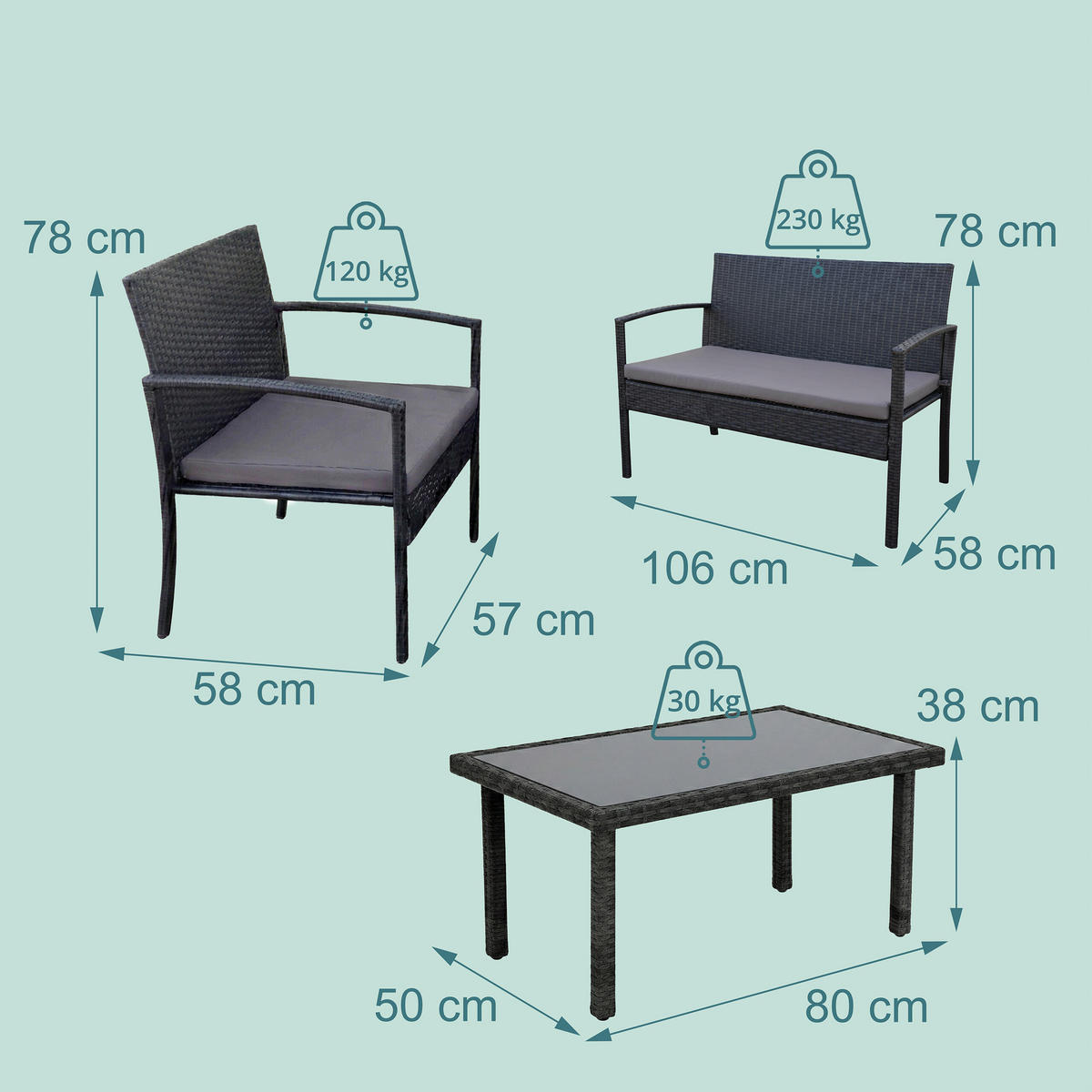4-TLG.GARTENMÖBEL-SET - Schwarz, Glas/Kunststoff - Relaxdays
