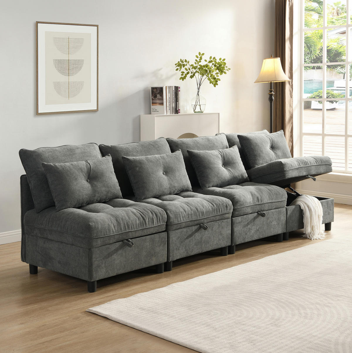 SOFA Chenille mit Stauraum und Schlaffunktion Antik Grau 274/76/87 cm - Alteiche, Textil (274/87/76cm) - Redom