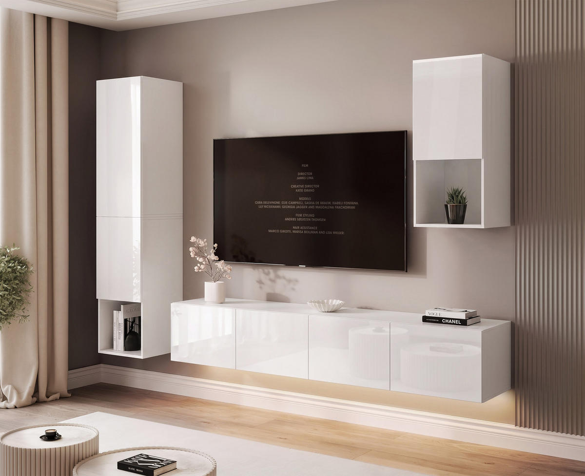 WOHNWAND ANGEL LINE III 3-teilig, mit LED-Beleuchtung, Weiß Hochglanz - Weiß Hochglanz, Holzwerkstoff (240/216/40cm) - Idohome