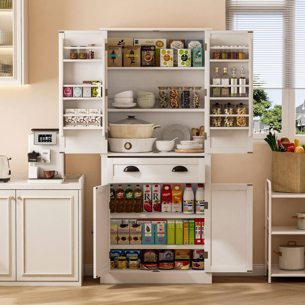 BUFFET 80/40/182 cm Weiß aus MDF mit 4 verstellbaren Böden - Weiß, Holzwerkstoff (80/182/40cm) - OKWISH
