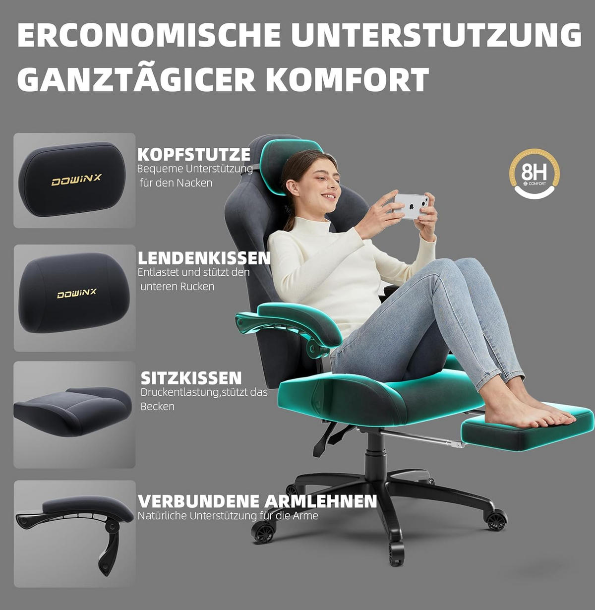 GAMING-STUHL Mikrofaser-Velours & Lendenkissen, Fußstütze 160° Neigbar - Grau, Leder (70/132/70cm)
