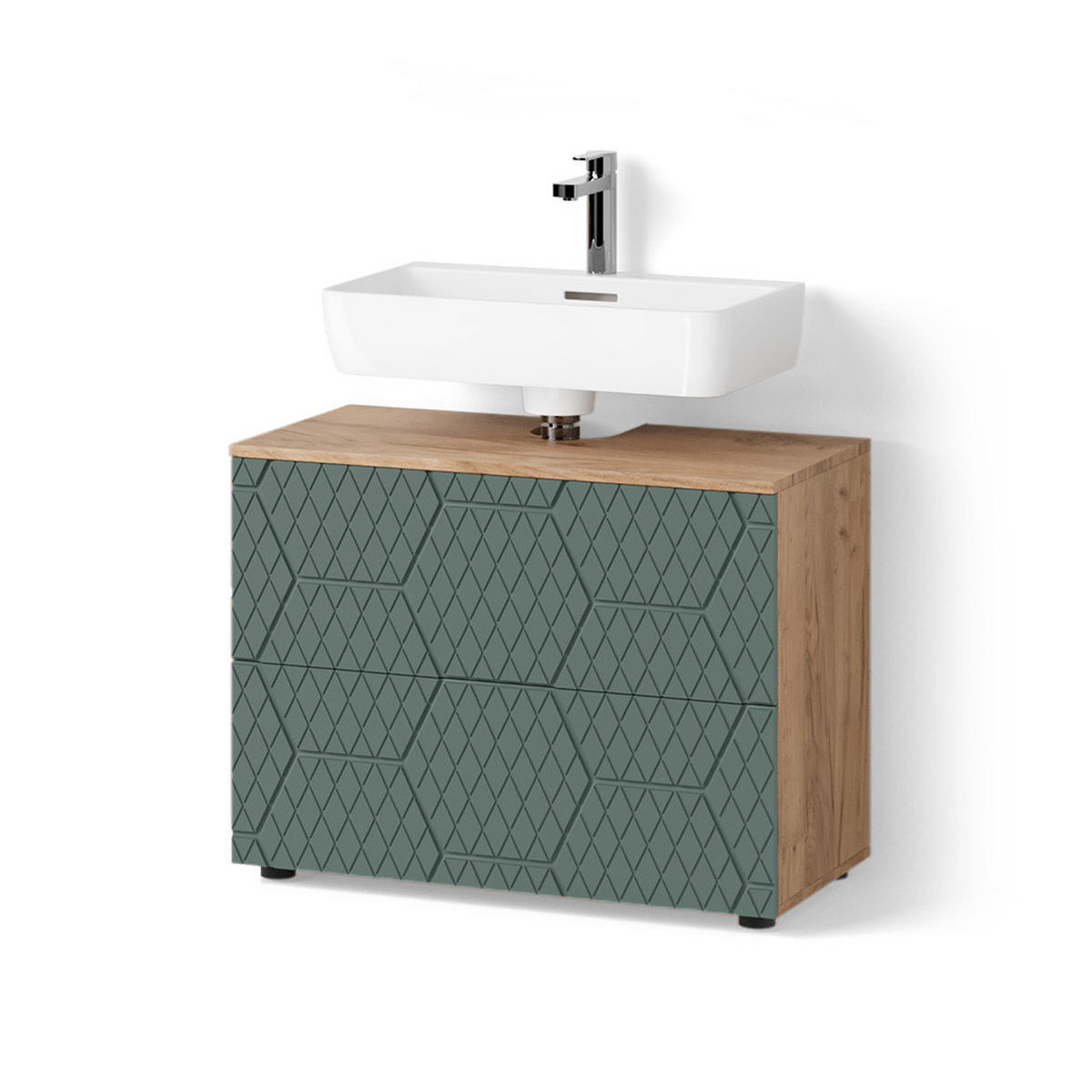 WASCHBECKENUNTERSCHRANK Ronco Grün 80 x 58.6 cm mit 2 Schubladen - Eiche Wotan/Grün, Holzwerkstoff (80/58.6/41cm) - Livinity®