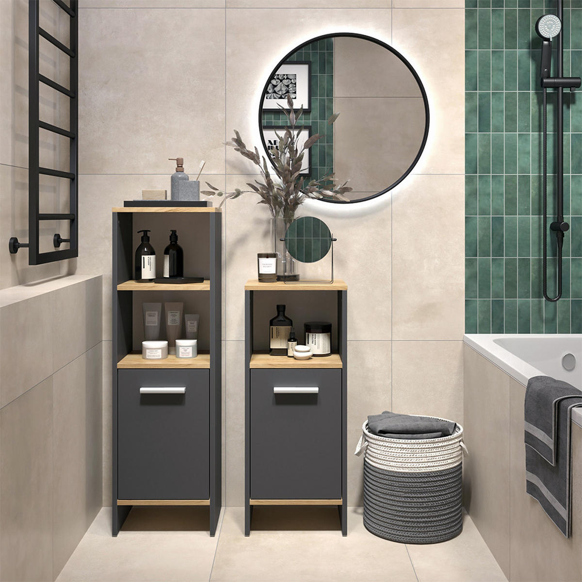 SADA KOUPELNOVÉHO NÁBYTKU Karli Antracit/zlatý dub - medově dubová/antracitová, kompozitní dřevo (33.8/108.2/26.3cm) - Vicco