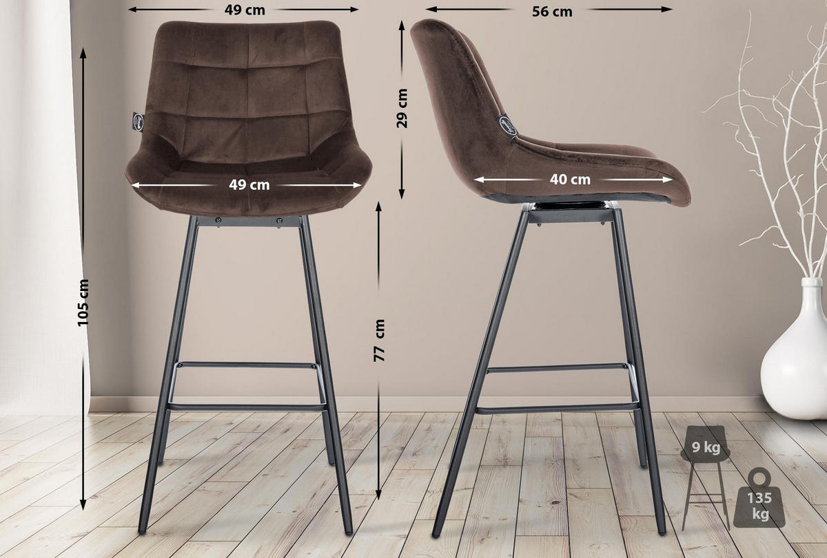 BARHOCKER Samt braun - Schwarz/Braun, Textil/Metall (49/105/56cm) - CLP