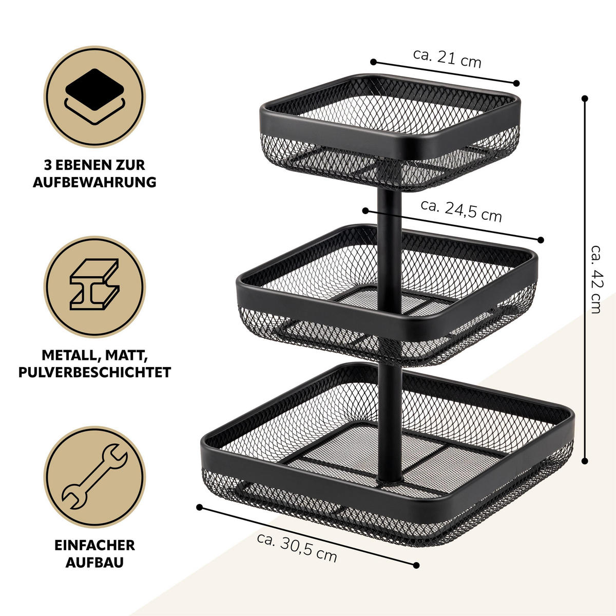 OBSTETAGERE 3-STÖCKIG eckig Metall schwarz - Schwarz, Metall (30/42cm) - eluno