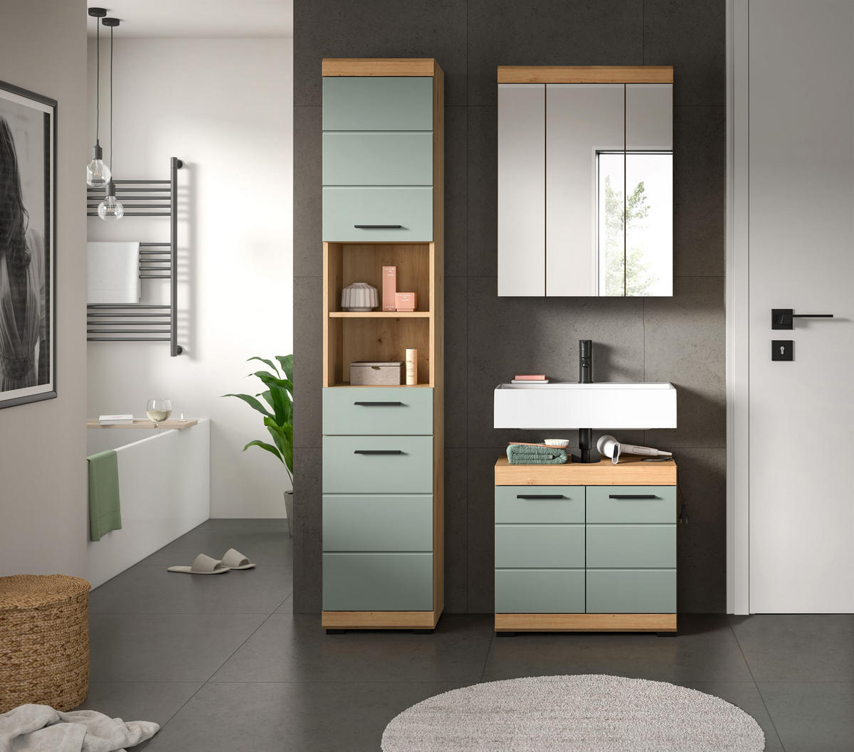 BADKOMBINATION 3tlg. Scout Bad in Artisan Eiche Nachbildung und Salbei Nachbildung B/H/T: 112x191x34 cm - Eiche Artisan, Holz (112/191/34cm)