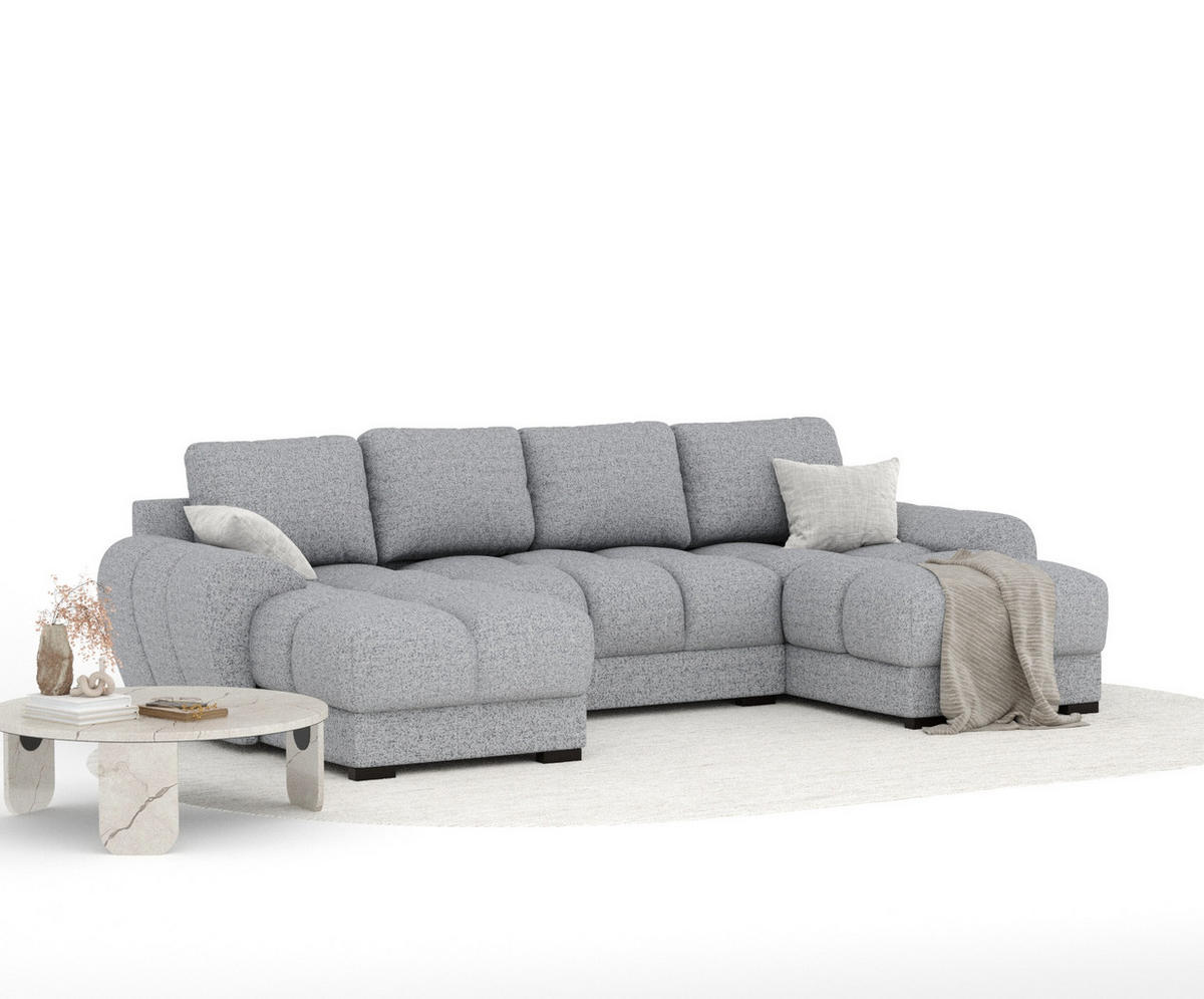 WOHNLANDSCHAFT Peebles Grau Webstoff - Schwarz/Grau, Holz/Holzwerkstoff (330/90/175cm) - Maison de Reve