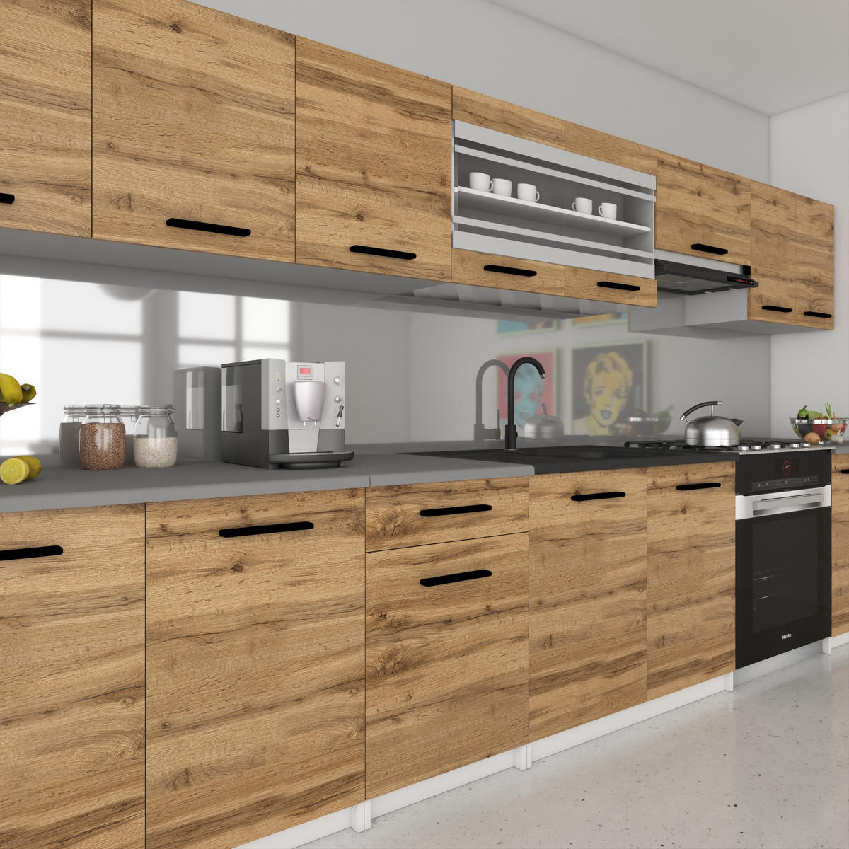 KÜCHENZEILE Italia 3 320 cm, mit Arbeitsplatten, Goldbraun - Braun, Holz (320/143/60cm) - B BELINI GROUP