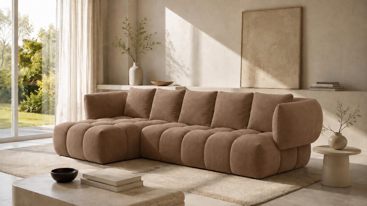 ECKSOFA L-Form, Veloursstoff Bluvel, Latte, Links, SEVIO L - Cappuccino, Holz (242/175cm) - Kaiser Möbel