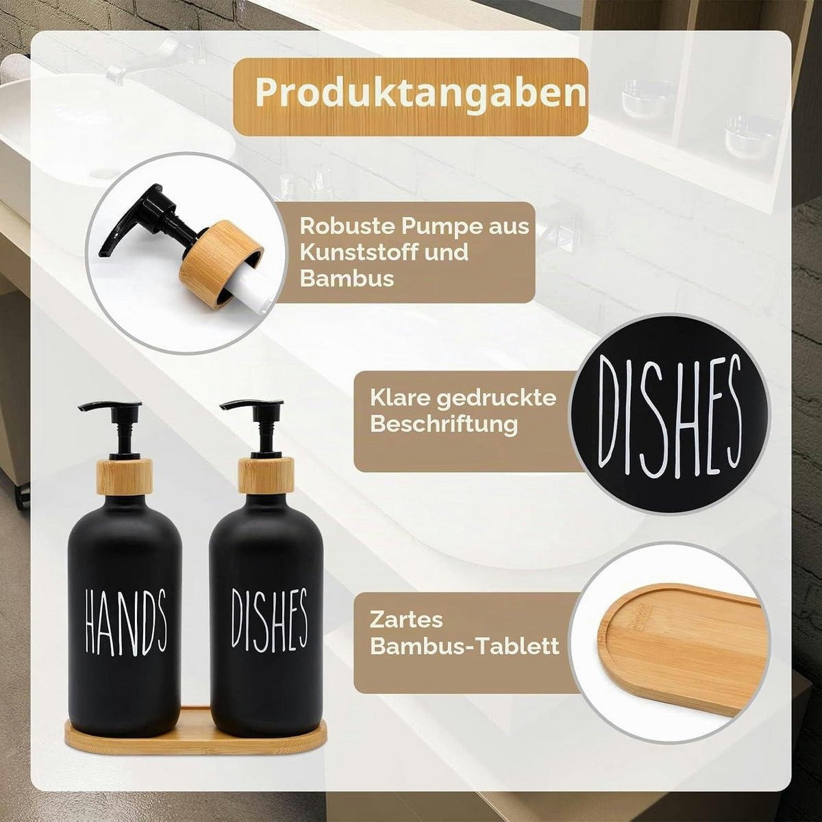 SEIFENSPENDER Set 2-teilig Glas Schwarz Matt mit Holz Tablett 500ml - Schwarz, Glas (10/18/15cm)