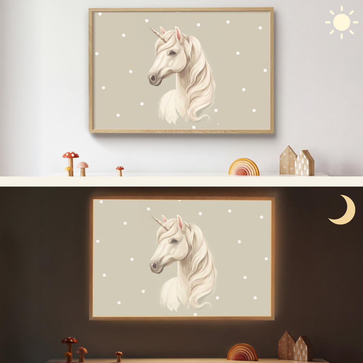 NÁSTĚNNÁ LAMPA S AKUMULÁTOREM Jednorožec - bílý - tečky 100x70 cm - šedohnědá, kompozitní dřevo (100/70/8cm) - OnlyWow