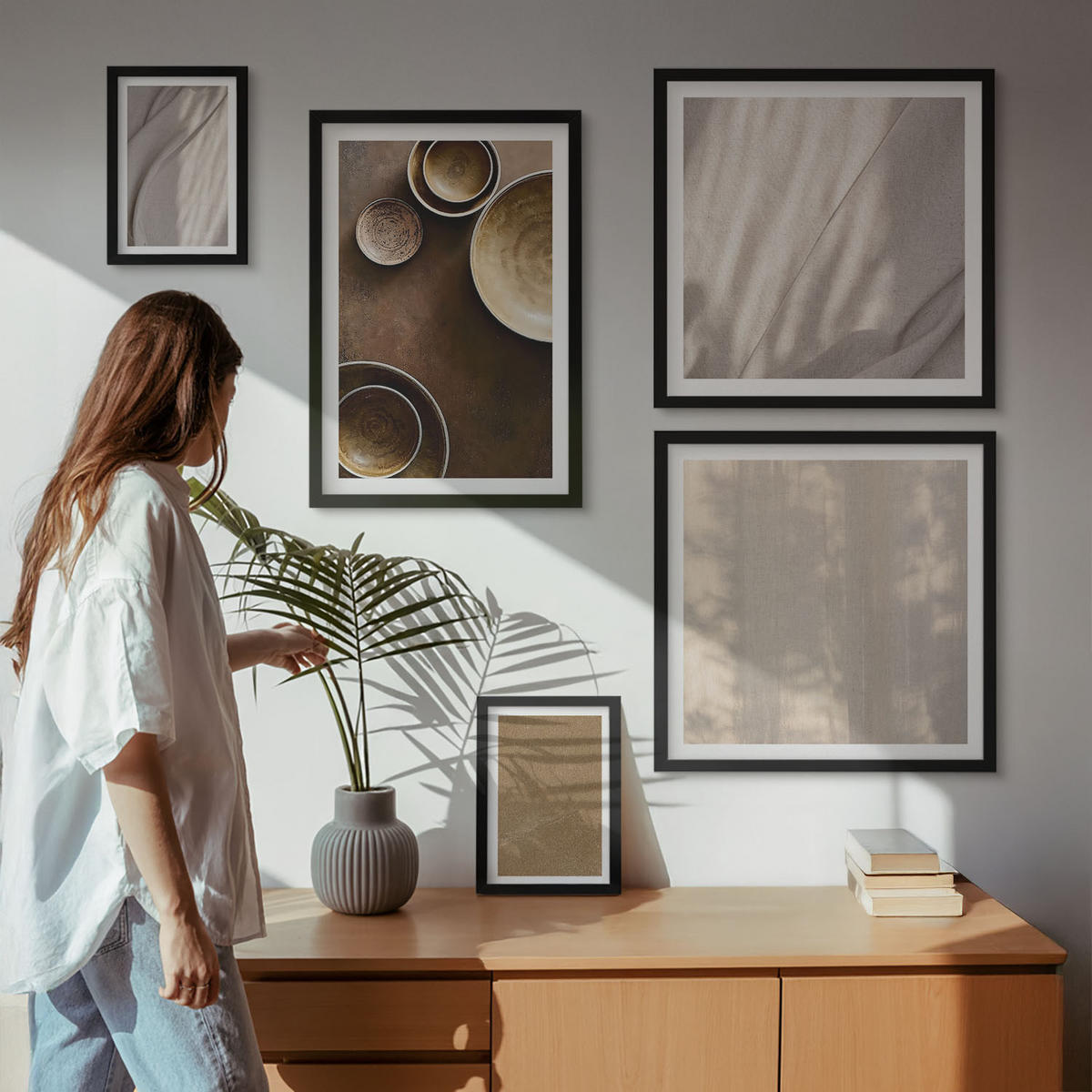 WANDBILDER 5er-Set - 50x50 cm & 20x30 cm & 40x60 cm Schwarzer Rahmen - Strukturen, Texturen, Minimalismus - Schwarz, Kunststoff (40/60cm) - ArtPrintCave