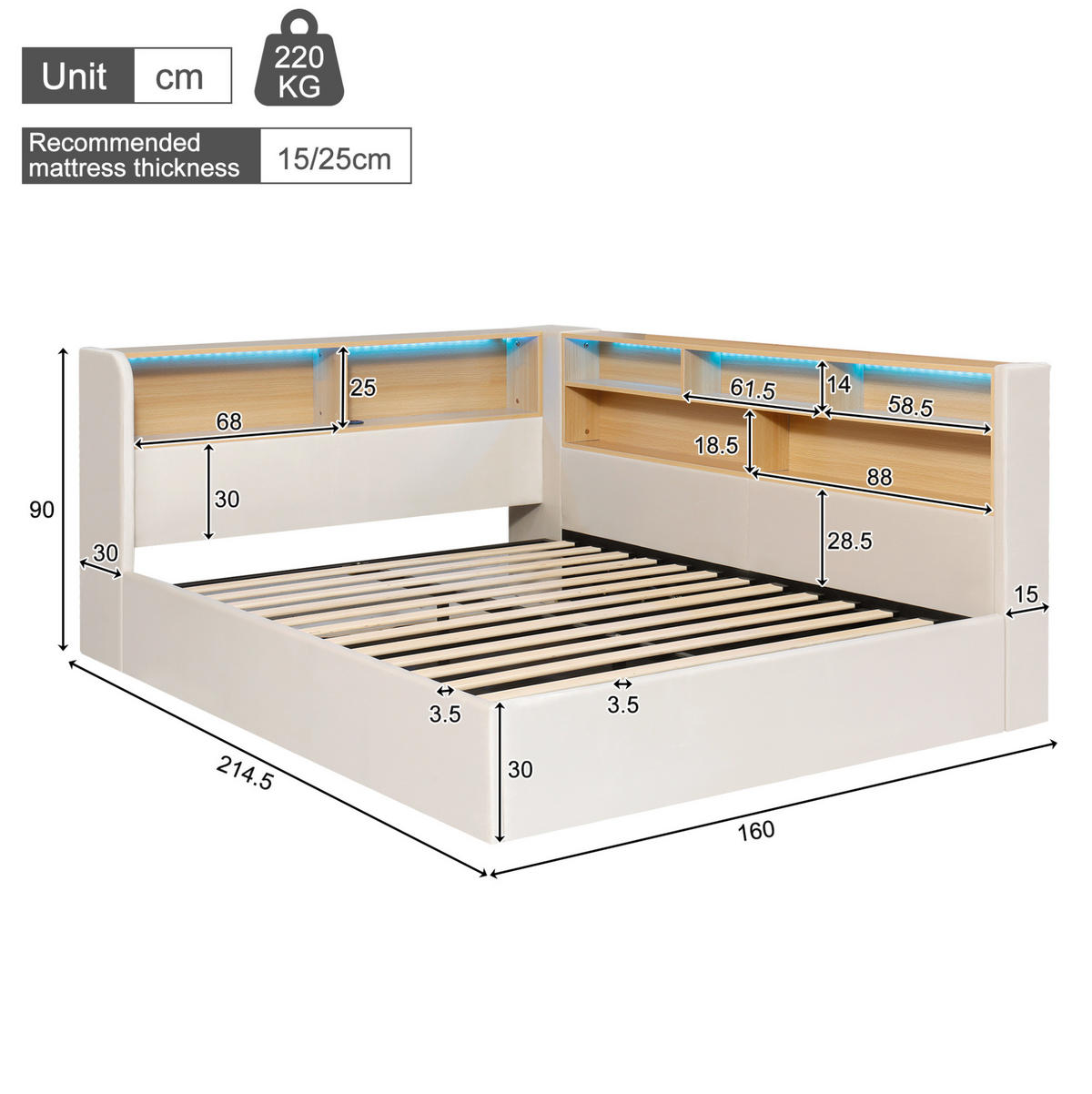 POSTEL 140/190 cm s LED osvětlením, USB a USB-C porty, hydraulickým úložným prostorem, béžová - béžová, textil (140/190cm) - Redom