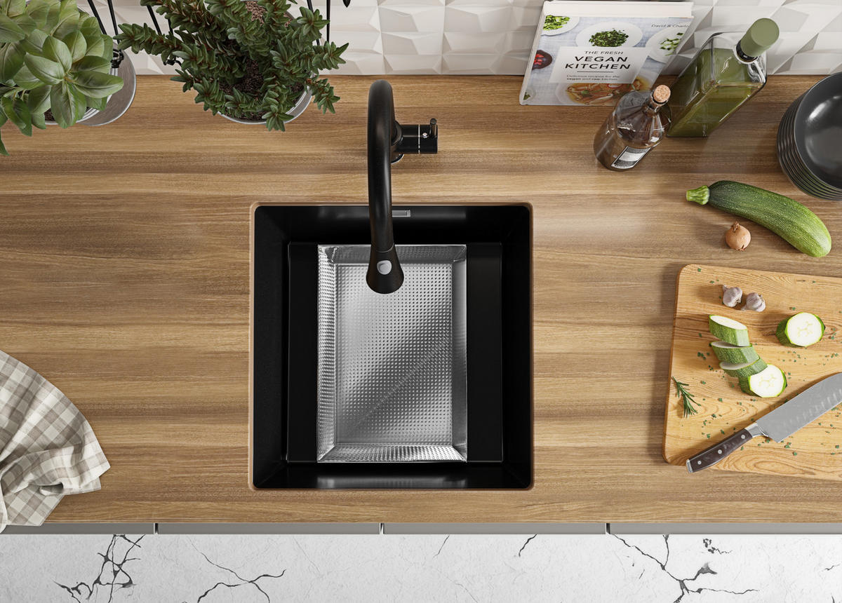 UNTERBAUSPÜLE GRANIT London, 2-er set Schwarz 46/47 cm 1 Becken + Küchenarmatur 40/20 cm + Ablauf-Set ab 50er Unterschrank - Chromfarben/Schwarz, Kunststoff (46/20/47cm) - Primagran