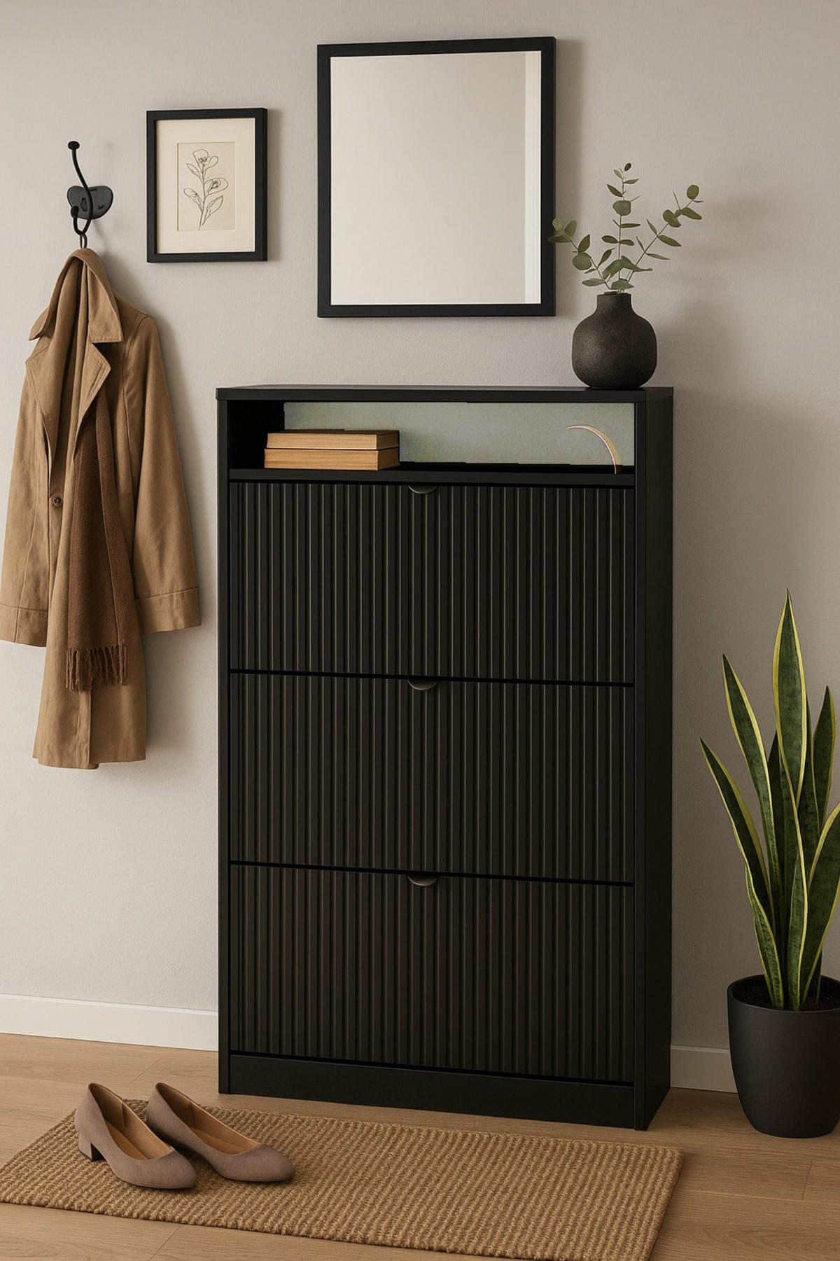 SCHUHSCHRANK Mia, Schwarz mit schwarzem Griff - Schwarz, Holzwerkstoff (60/125/24cm) - Bettso