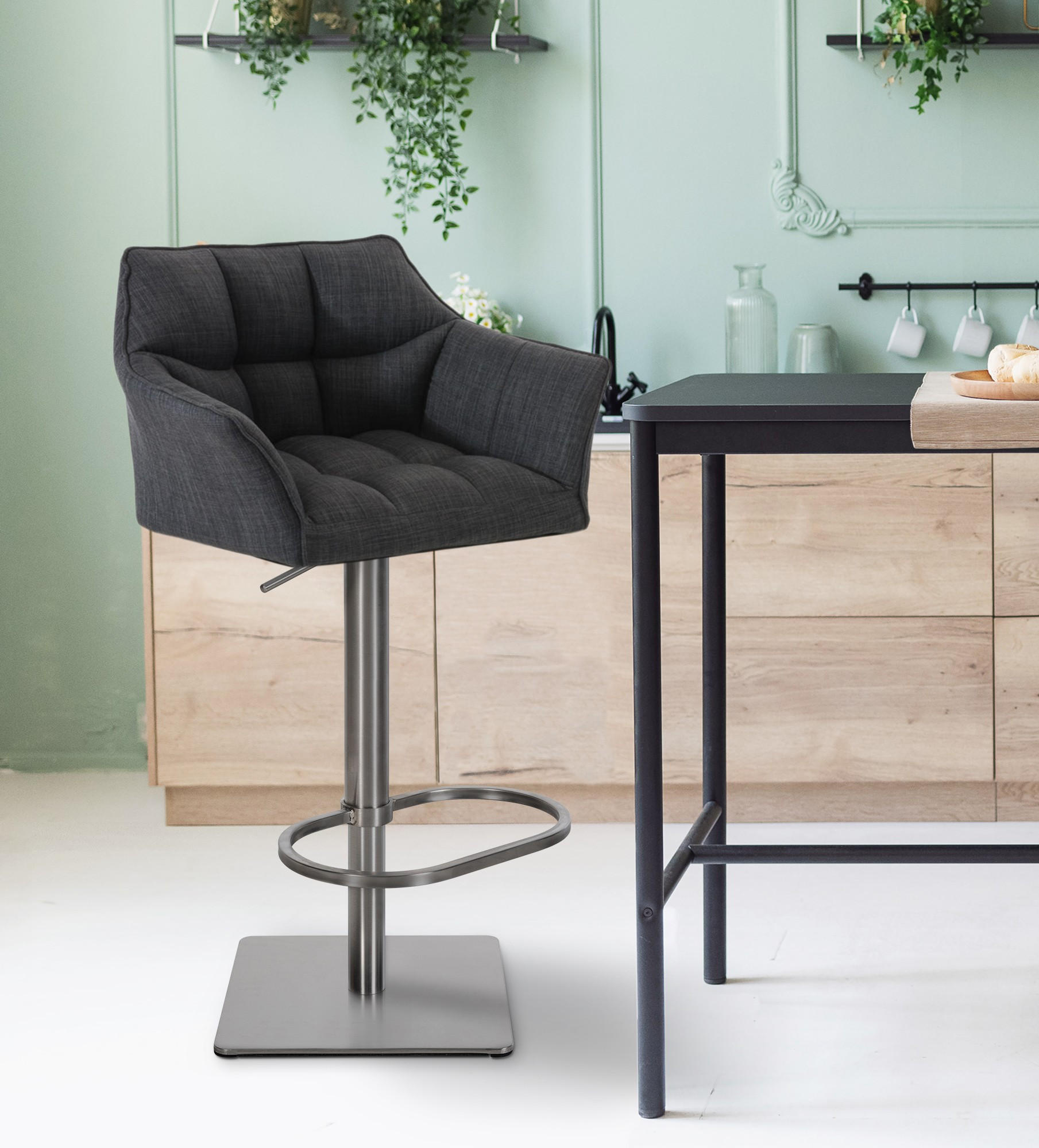 BARHOCKER 2er Set Stoff Dunkelgrau - Edelstahlfarben/Dunkelgrau, Textil/Metall (64/88/45cm) - CLP