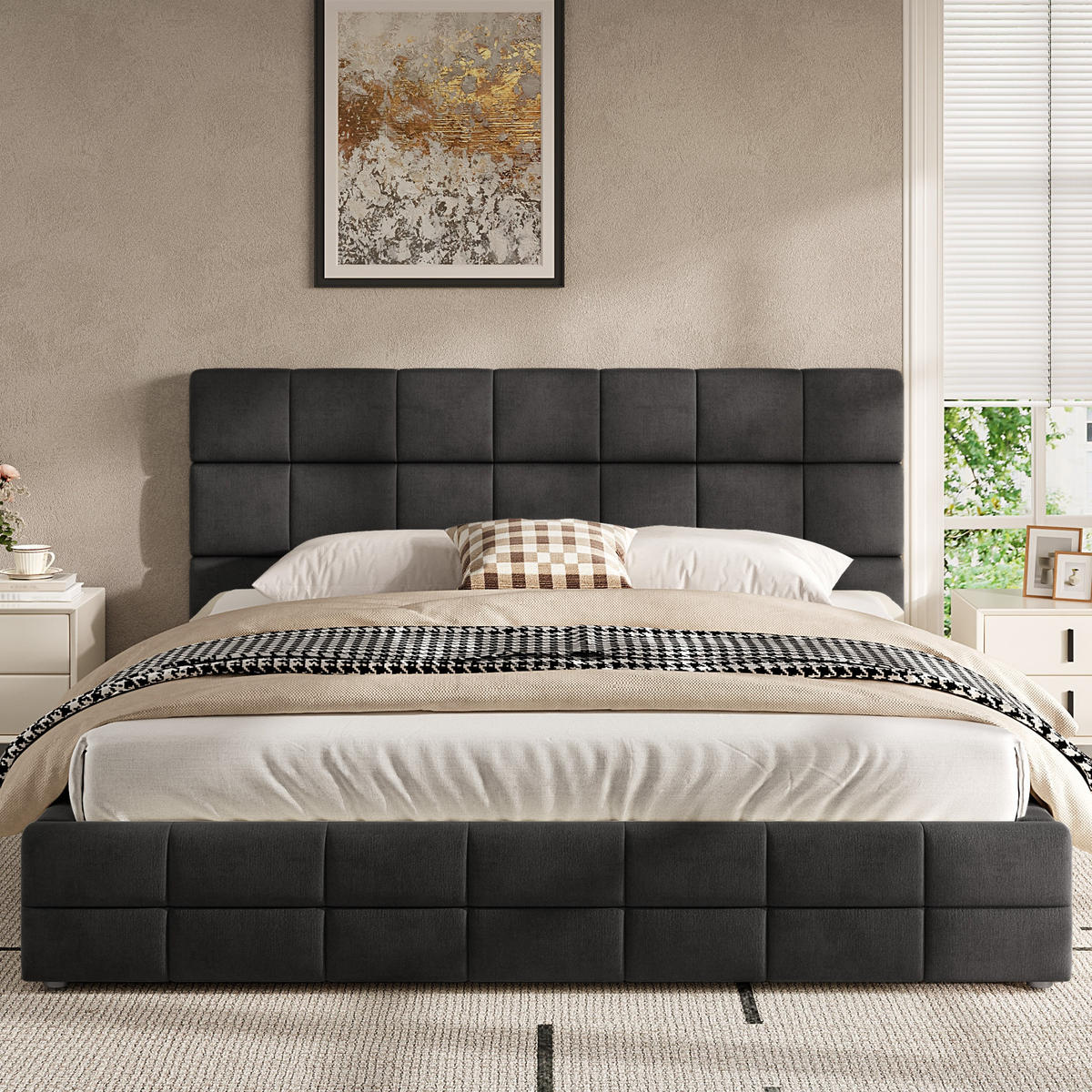 POLSTERBETT 180/200 cm in Schwarz Samt mit Kopfteil - Schwarz, Holzwerkstoff/Textil (180/200cm) - STILVORA